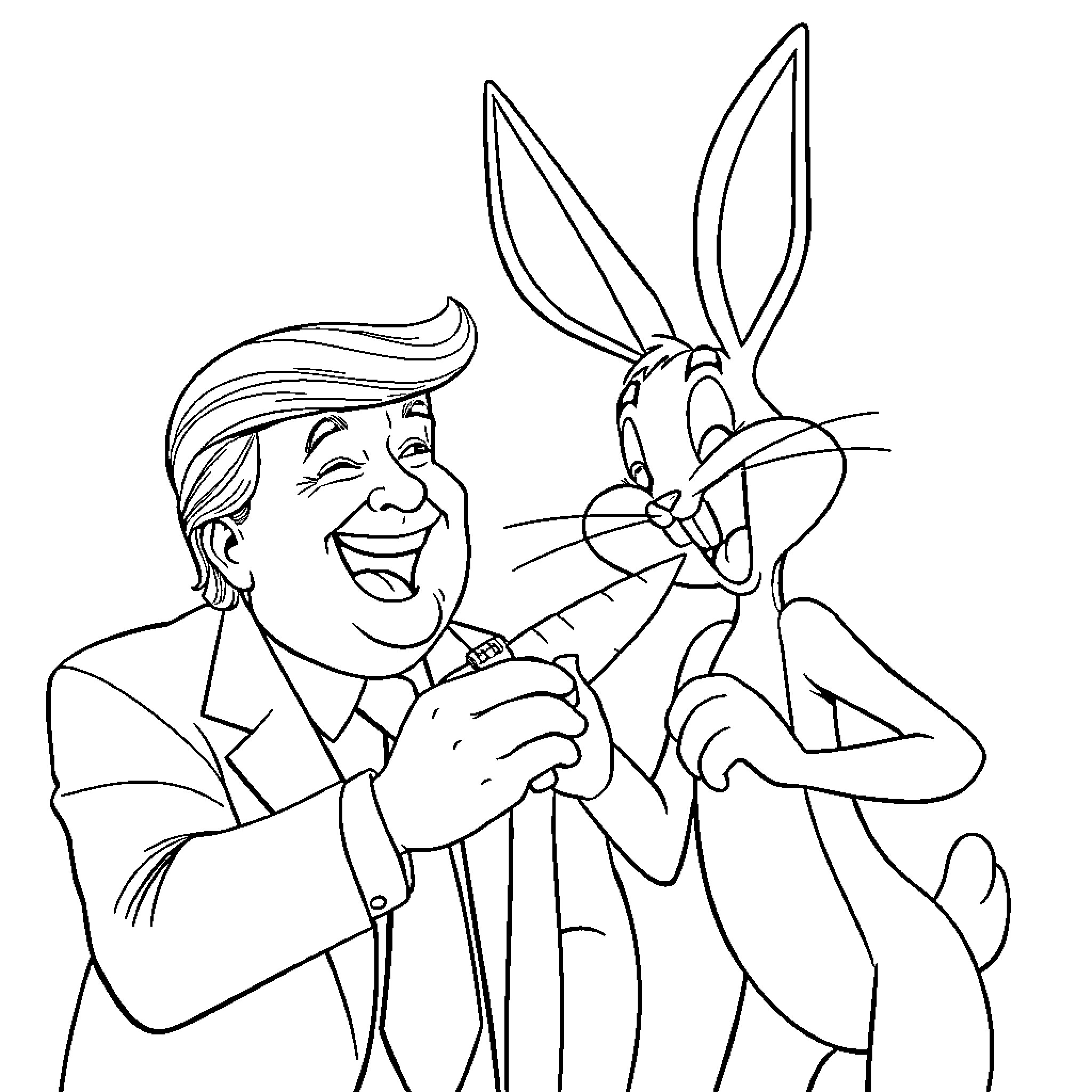 Trump making a silly face with Bugs Bunny Coloring Page (free black-and-white line drawing printable PDF for all, from beginners to advanced learners, including children, teens, adults, and seniors)