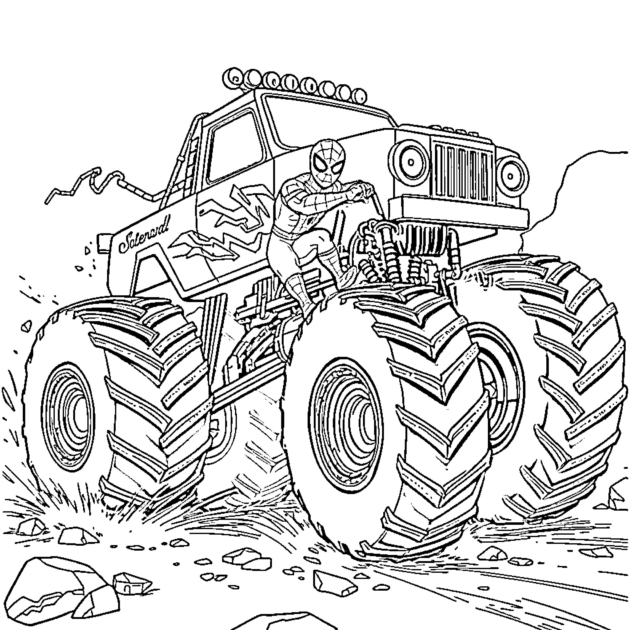 Spider-Man riding a monster truck through rugged terrain Coloring Page (free black-and-white line drawing printable PDF for all, from beginners to advanced learners, including children, teens, adults, and seniors)