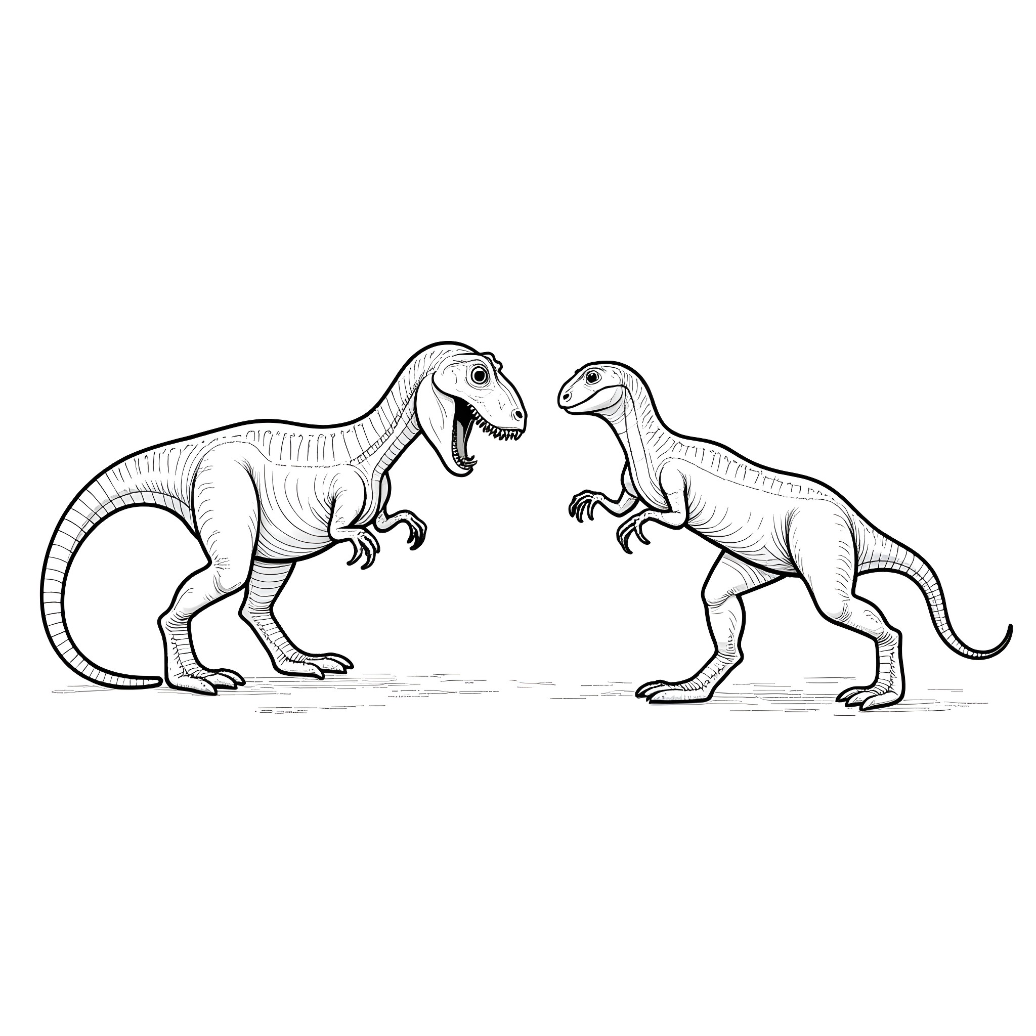 Dilophosaurus dinosaurs facing off in confrontation Coloring Page (free black-and-white line drawing printable PDF for all, from beginners to advanced learners, including children, teens, adults, and seniors)
