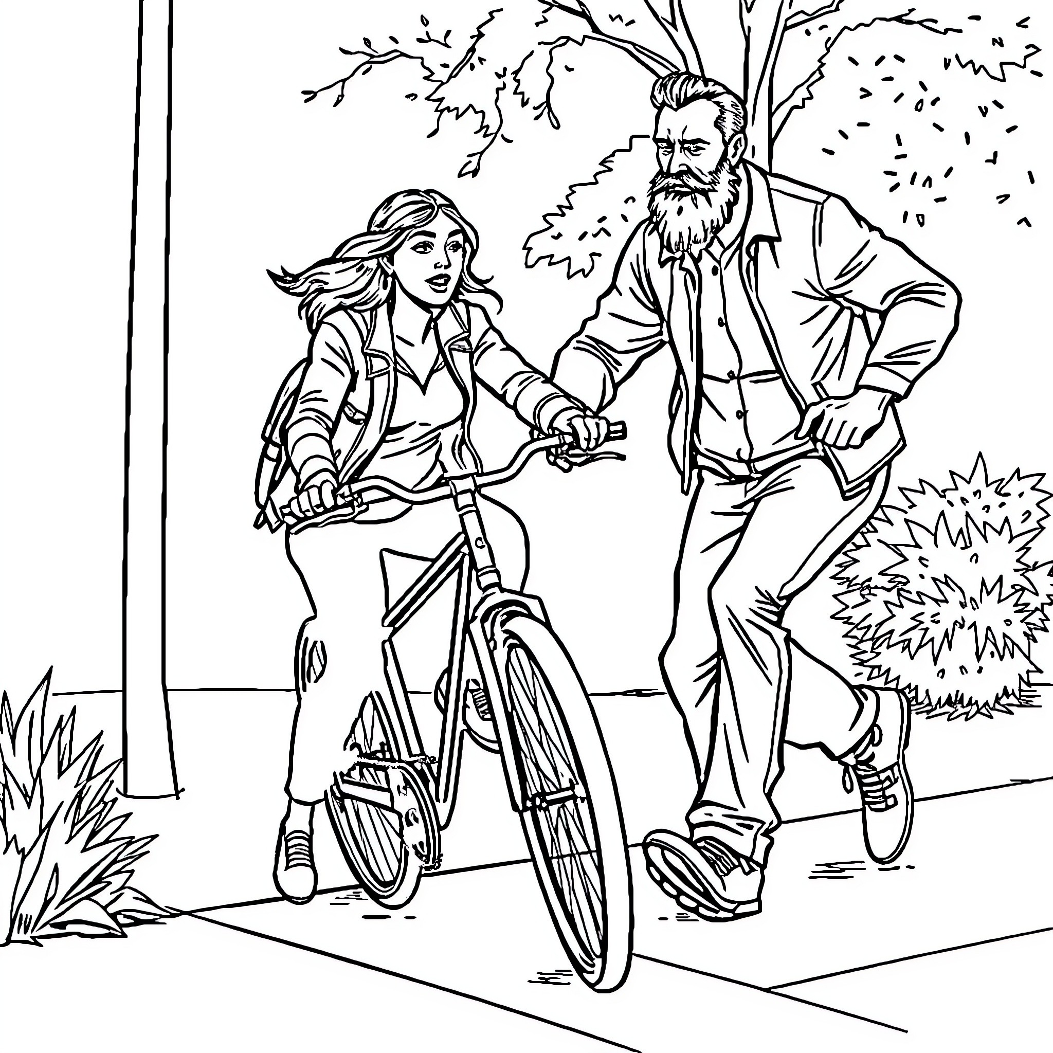 Woman Riding Bicycle with Companion in Park Coloring Page (free black-and-white line drawing printable PDF for all, from beginners to advanced learners, including children, teens, adults, and seniors)