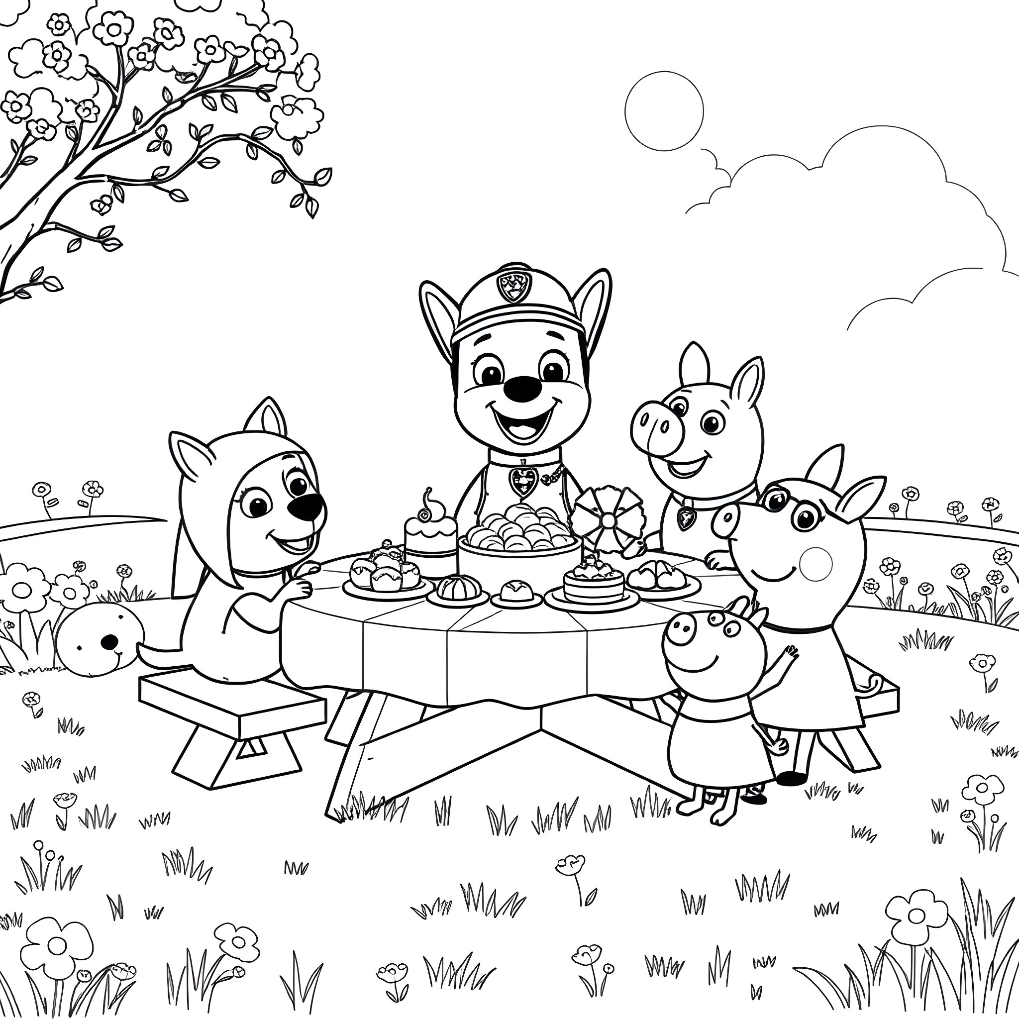 Paw Patrol Enjoying a Picnic Party in the Park Coloring Page (free black-and-white line drawing printable PDF for all, from beginners to advanced learners, including children, teens, adults, and seniors)