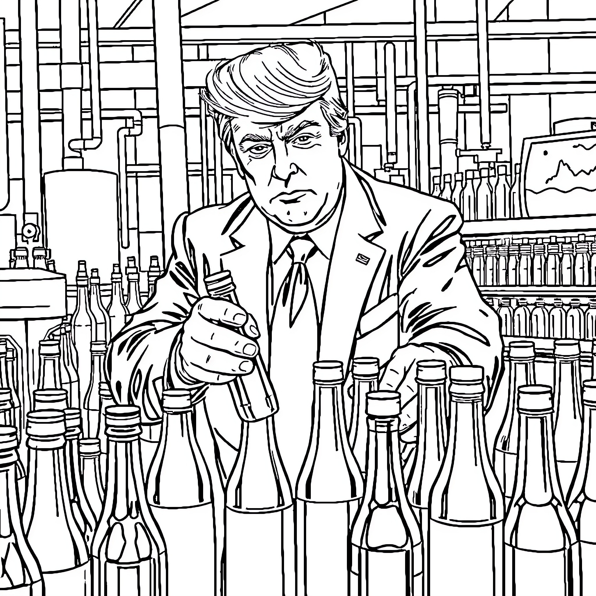 Donald Trump Examining Drinks in Liquor Store Coloring Page (free black-and-white line drawing printable PDF for all, from beginners to advanced learners, including children, teens, adults, and seniors)