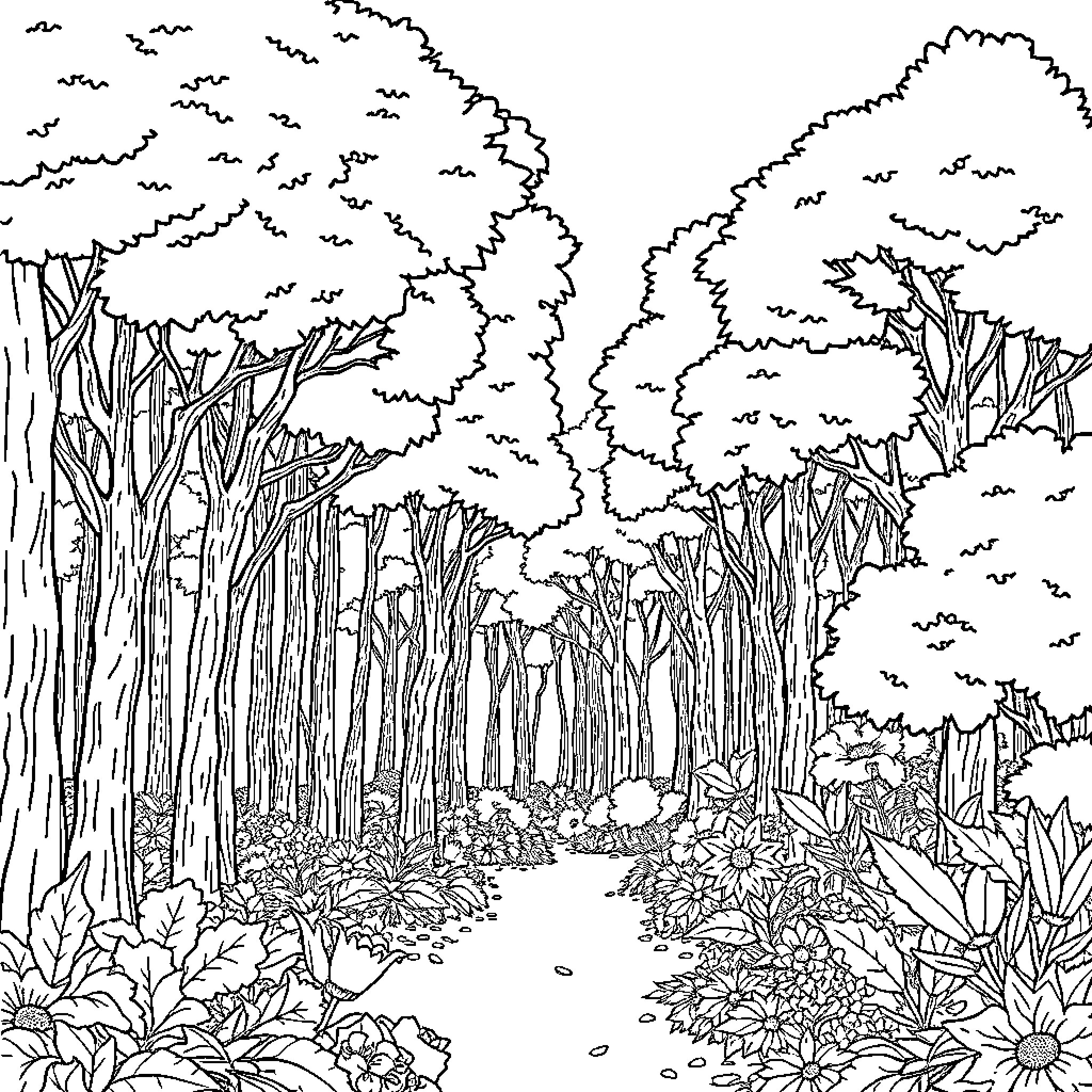 Forest Trail Surrounded by Lush Vegetation Coloring Page (free black-and-white line drawing printable PDF for all, from beginners to advanced learners, including children, teens, adults, and seniors)