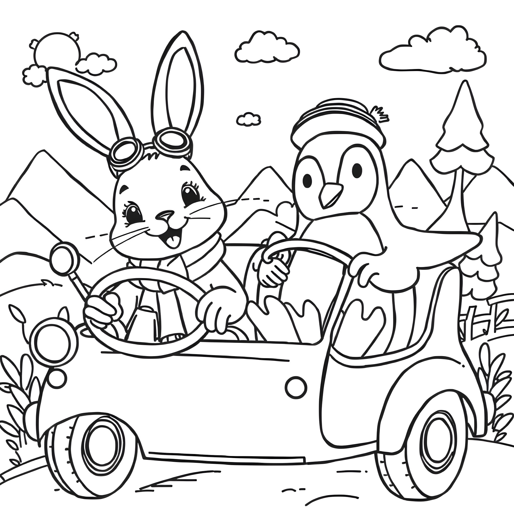 Rabbit and Penguin Riding in a Car on a Countryside Road Coloring Page (free black-and-white line drawing printable PDF for all, from beginners to advanced learners, including children, teens, adults, and seniors)