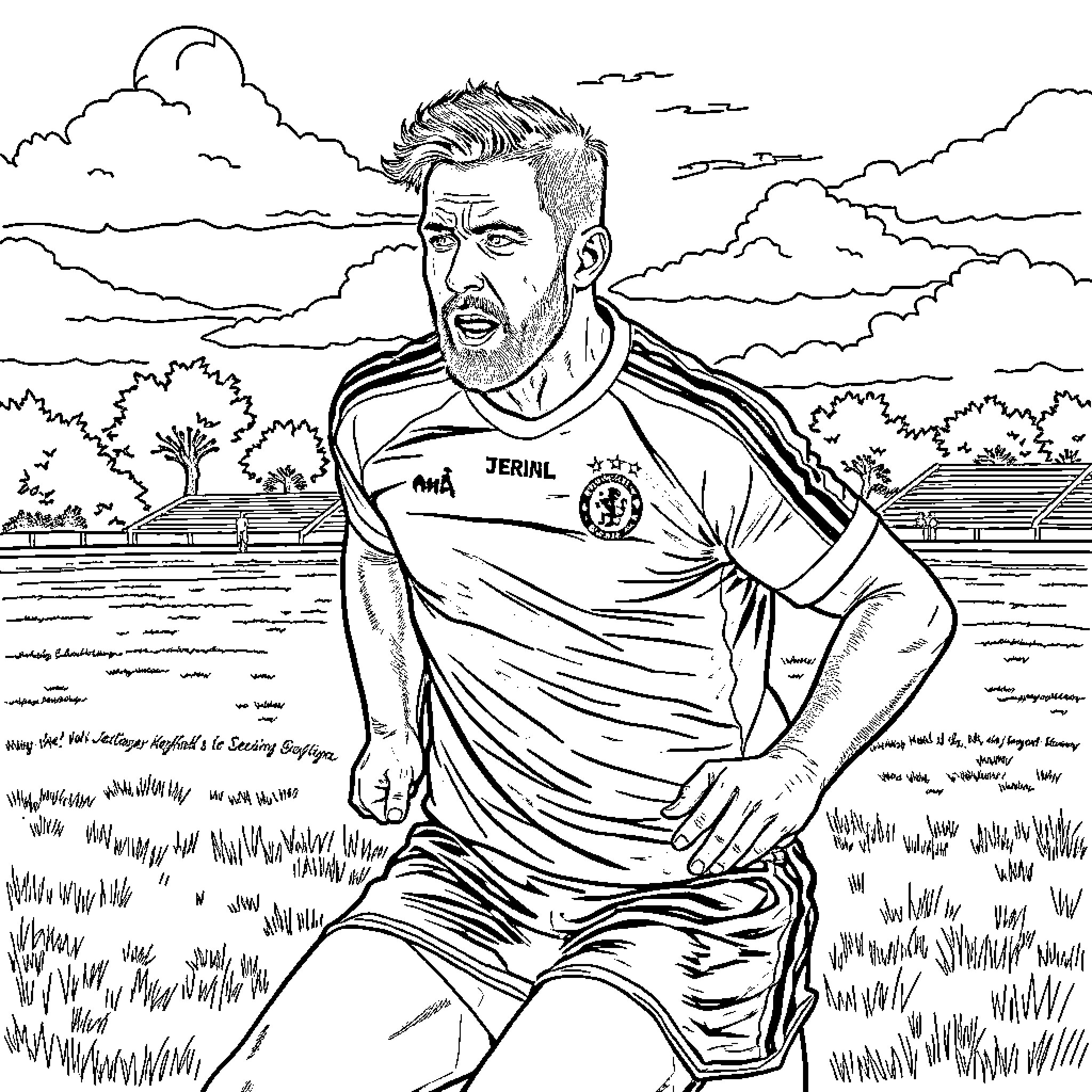 James Hetfield performing on stage in sports uniform Coloring Page (free black-and-white line drawing printable PDF for all, from beginners to advanced learners, including children, teens, adults, and seniors)