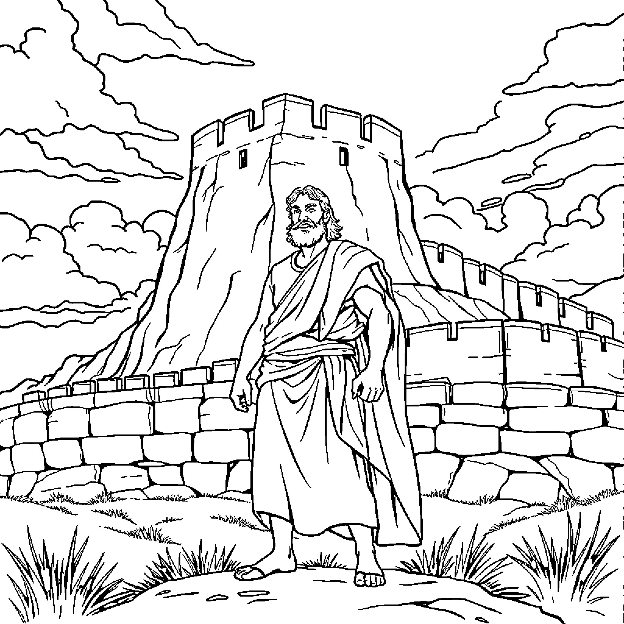 Joshua Standing Tall Before the Fortified Wall Coloring Page (free black-and-white line drawing printable PDF for all, from beginners to advanced learners, including children, teens, adults, and seniors)