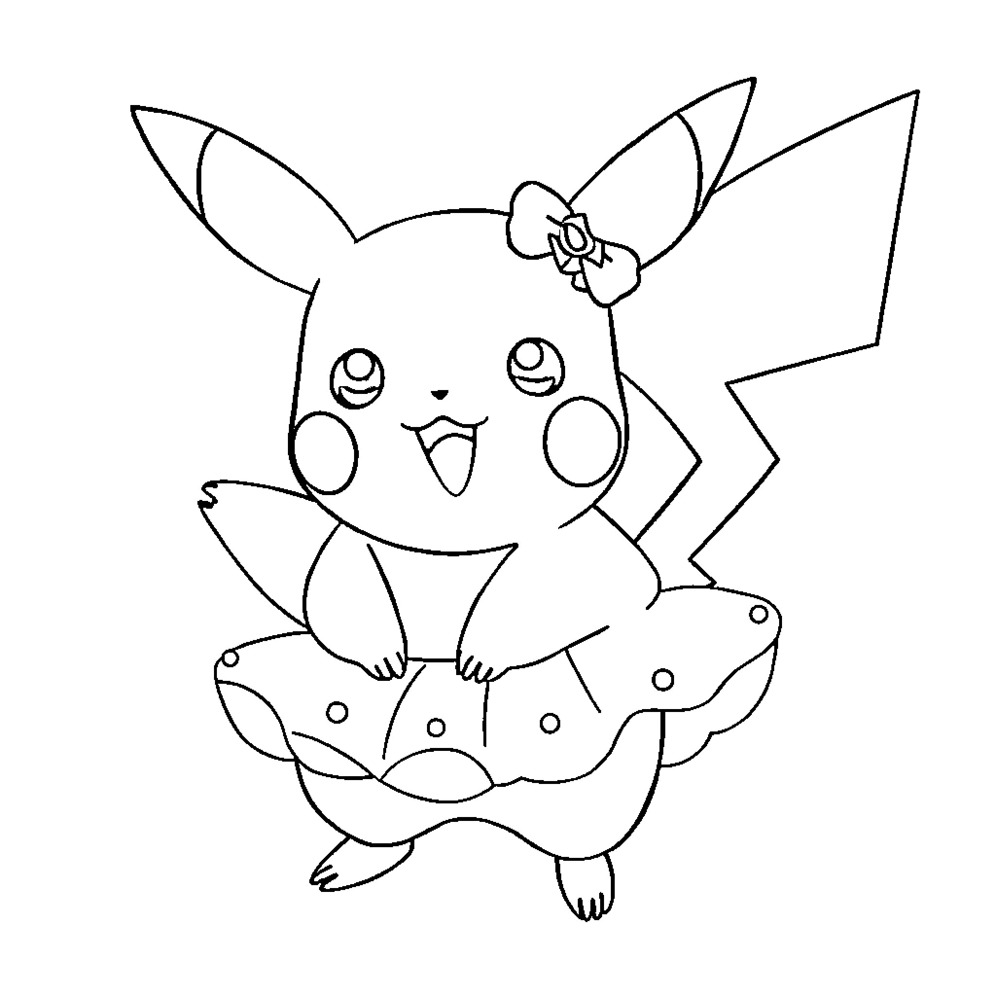 Pikachu in a cute and playful pose Coloring Page (free black-and-white line drawing printable PDF for all, from beginners to advanced learners, including children, teens, adults, and seniors)