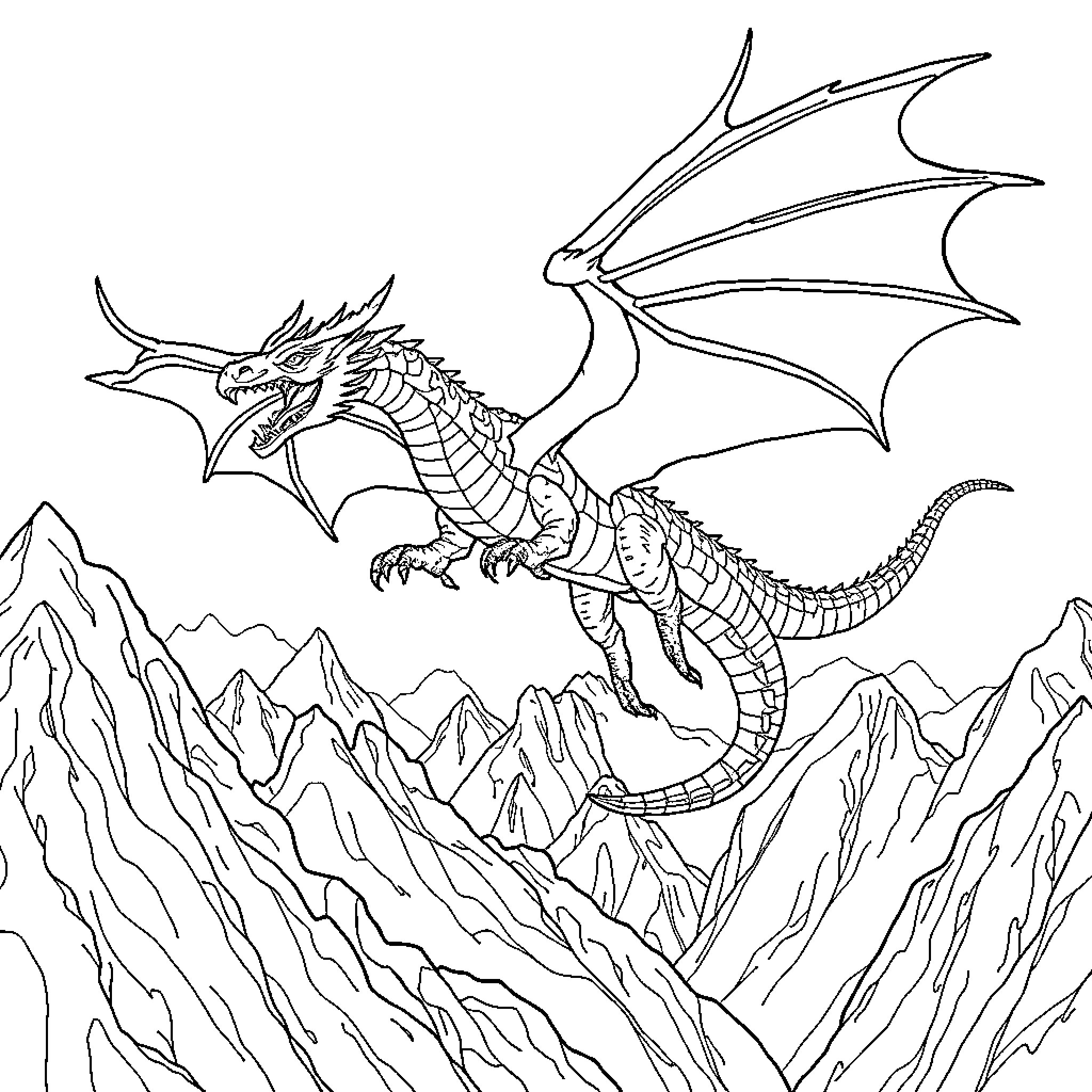 Dragon soaring over rugged mountain peaks Coloring Page (free black-and-white line drawing printable PDF for all, from beginners to advanced learners, including children, teens, adults, and seniors)