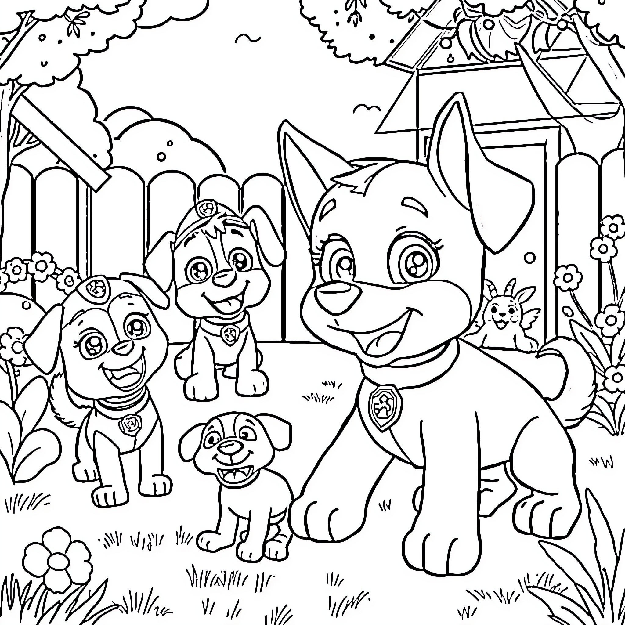 Bluey and friends playing in the park Coloring Page (free black-and-white line drawing printable PDF for all, from beginners to advanced learners, including children, teens, adults, and seniors)