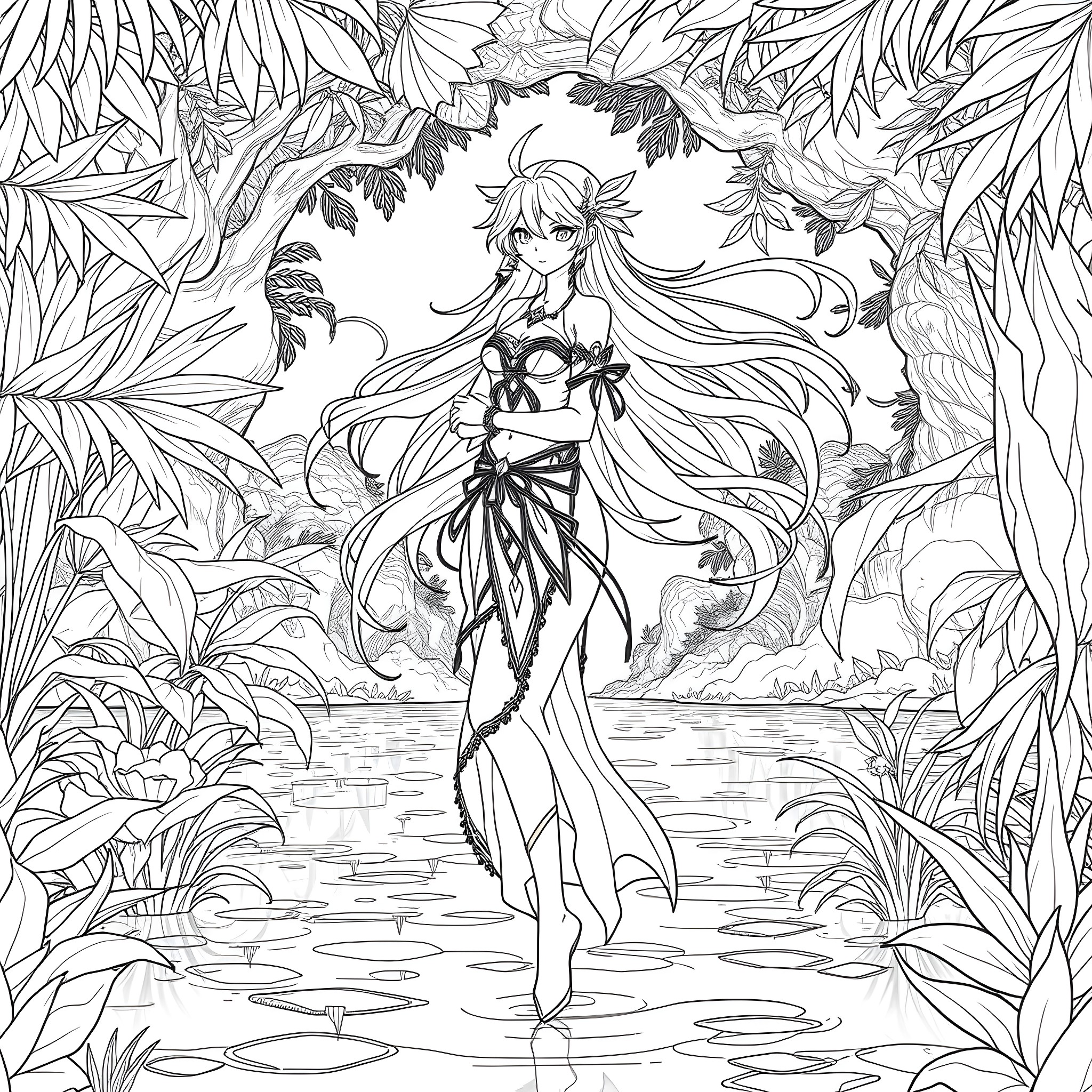 Niloo's Serene Stroll through the Enchanted Forest Coloring Page (free black-and-white line drawing printable PDF for all, from beginners to advanced learners, including children, teens, adults, and seniors)
