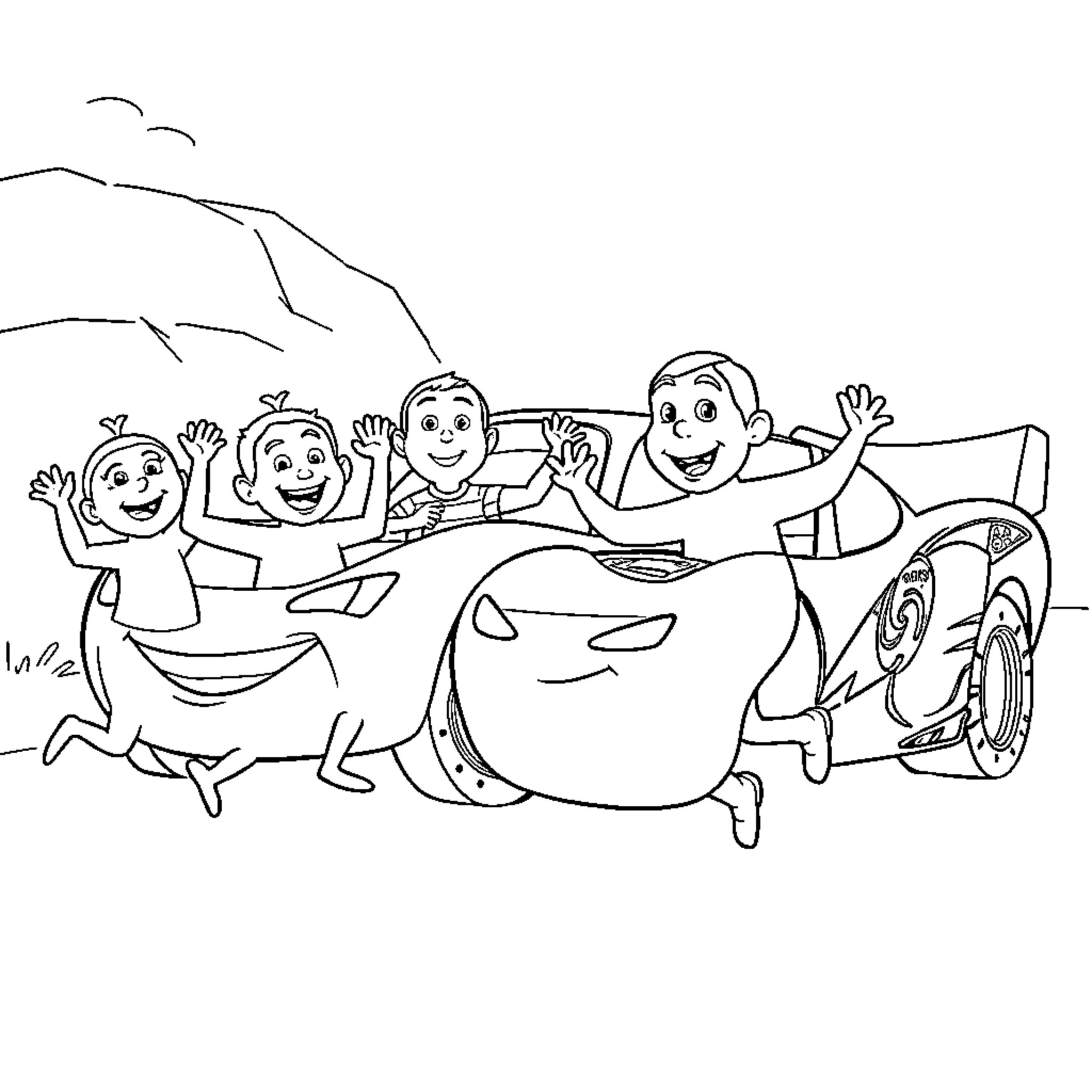 Lightning McQueen's fun ride with friends Coloring Page (free black-and-white line drawing printable PDF for all, from beginners to advanced learners, including children, teens, adults, and seniors)