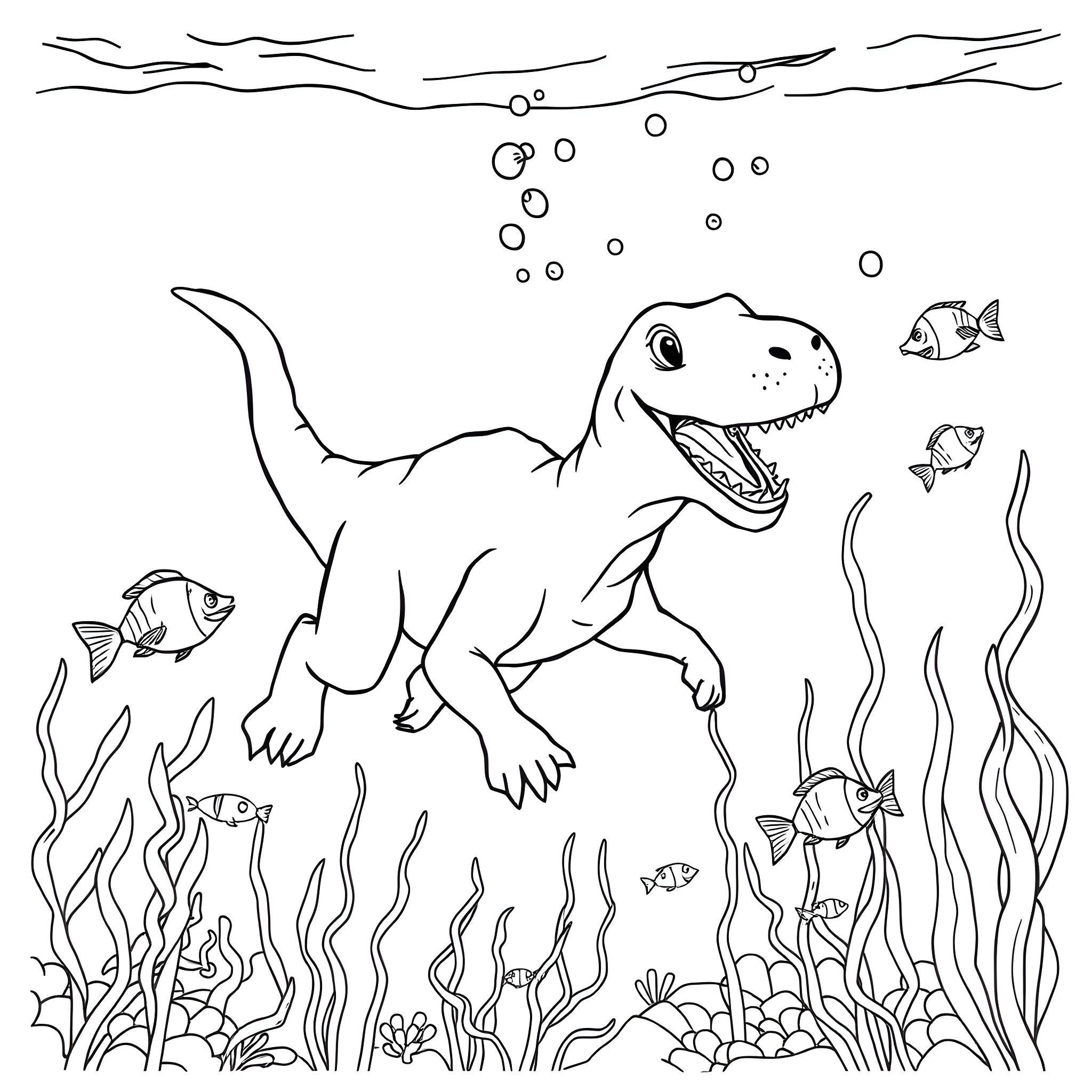Dog exploring underwater world with marine life Coloring Page (free black-and-white line drawing printable PDF for all, from beginners to advanced learners, including children, teens, adults, and seniors)