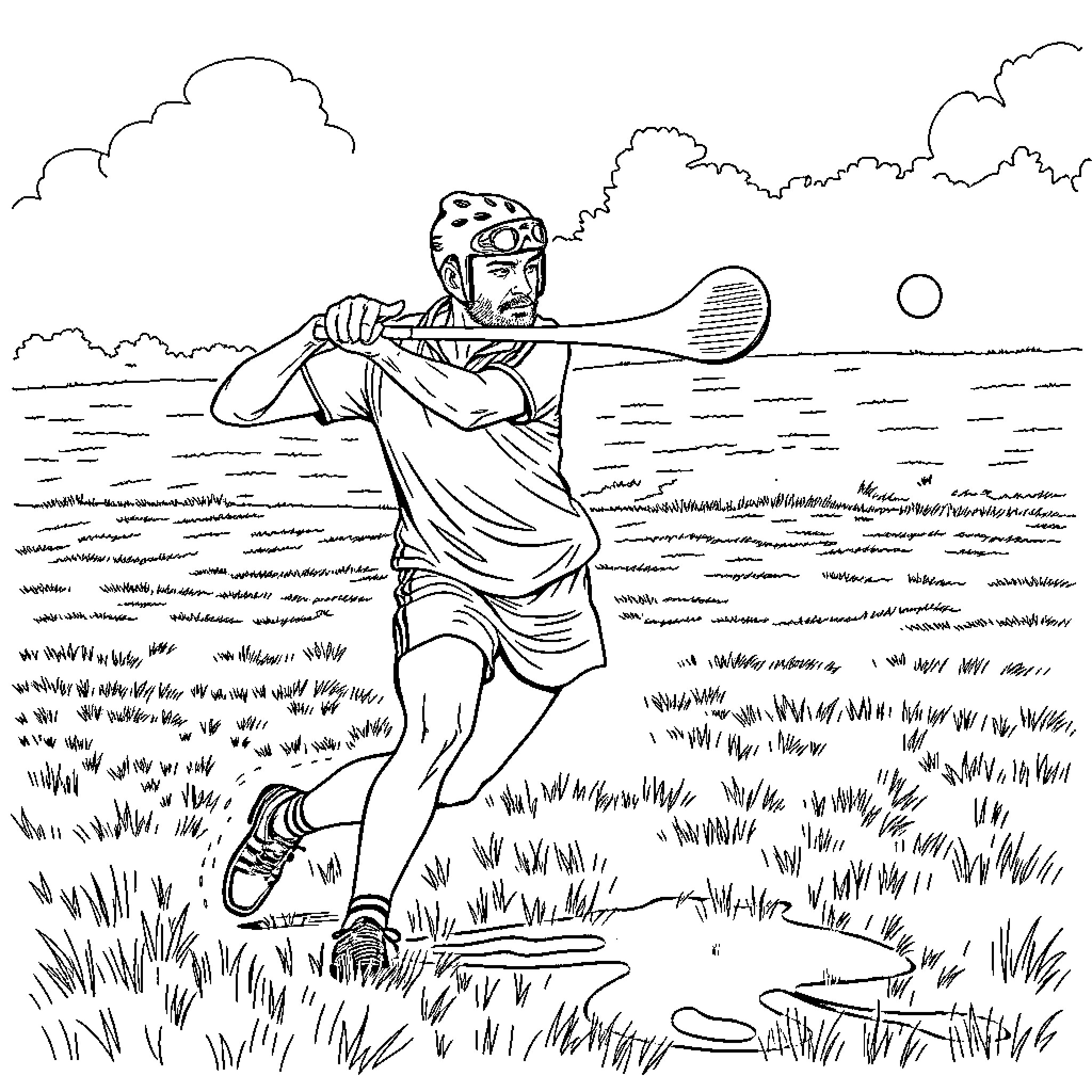 Man playing tennis enthusiastically on the court Coloring Page (free black-and-white line drawing printable PDF for all, from beginners to advanced learners, including children, teens, adults, and seniors)