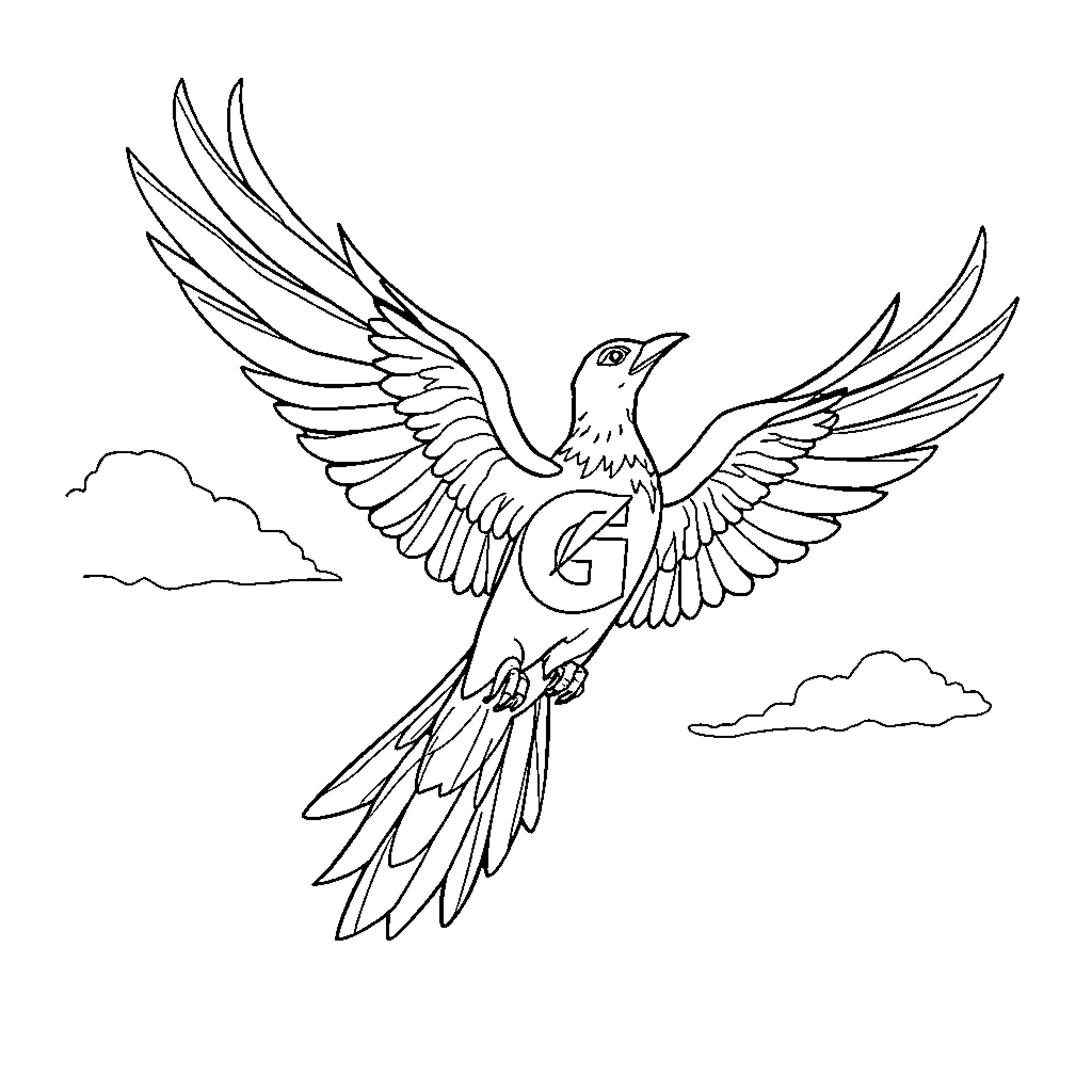 Phoenix soaring majestically through the clouds Coloring Page (free black-and-white line drawing printable PDF for all, from beginners to advanced learners, including children, teens, adults, and seniors)