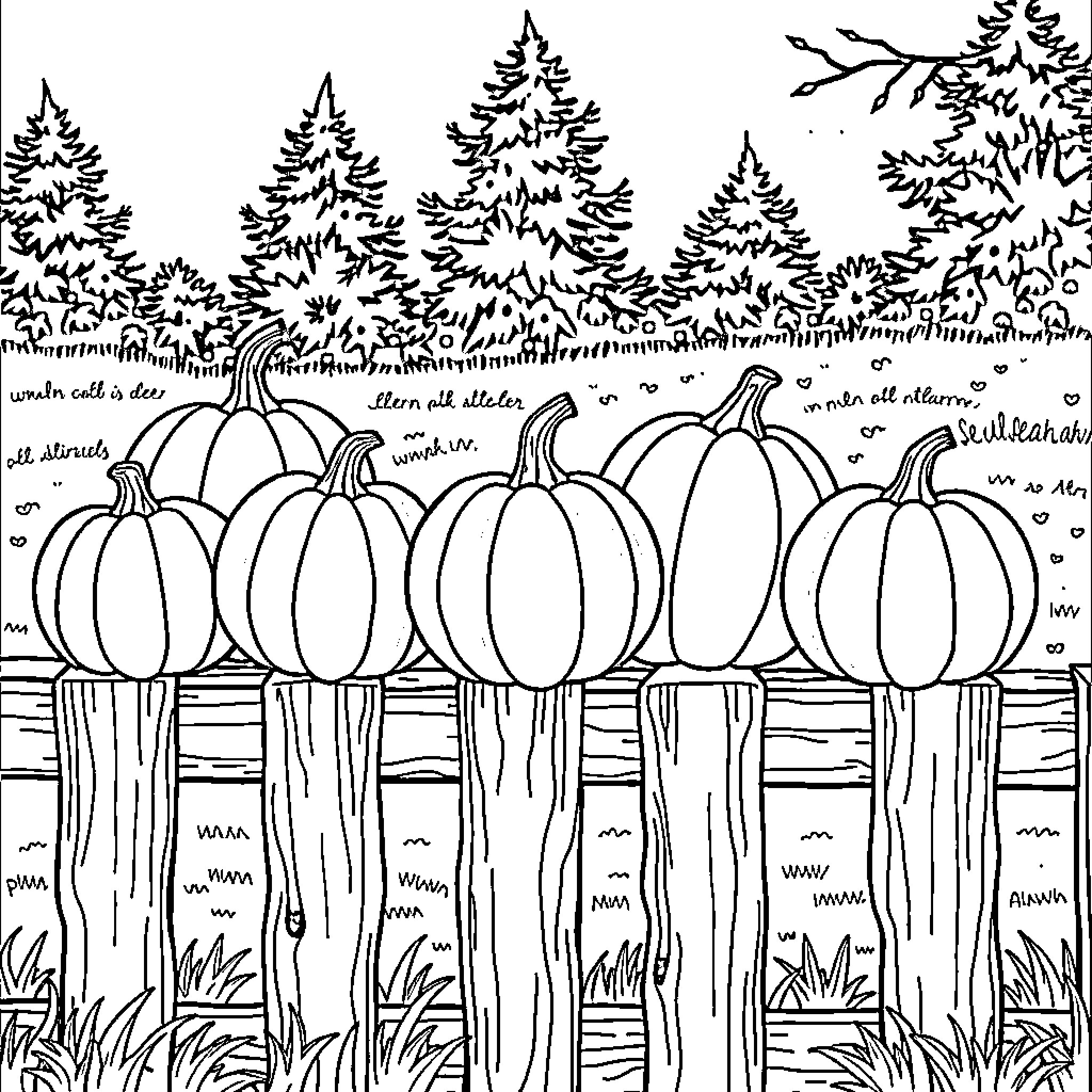 Pumpkins on a Wooden Fence in Autumn Landscape Coloring Page (free black-and-white line drawing printable PDF for all, from beginners to advanced learners, including children, teens, adults, and seniors)