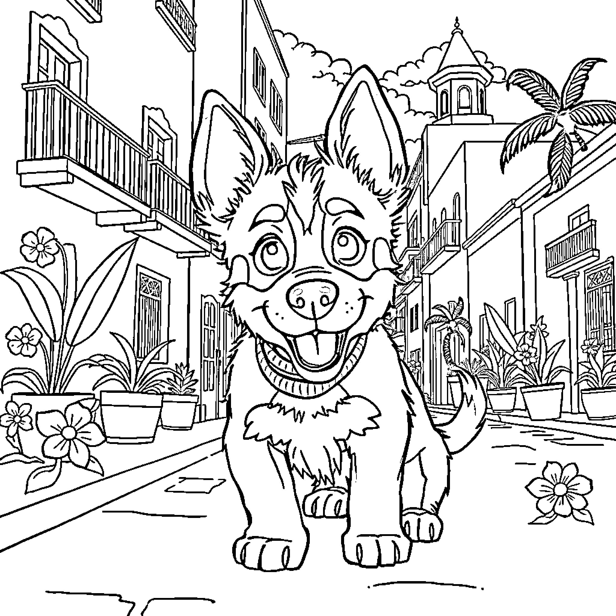 Bluey's Colorful Day in the City Coloring Page (free black-and-white line drawing printable PDF for all, from beginners to advanced learners, including children, teens, adults, and seniors)