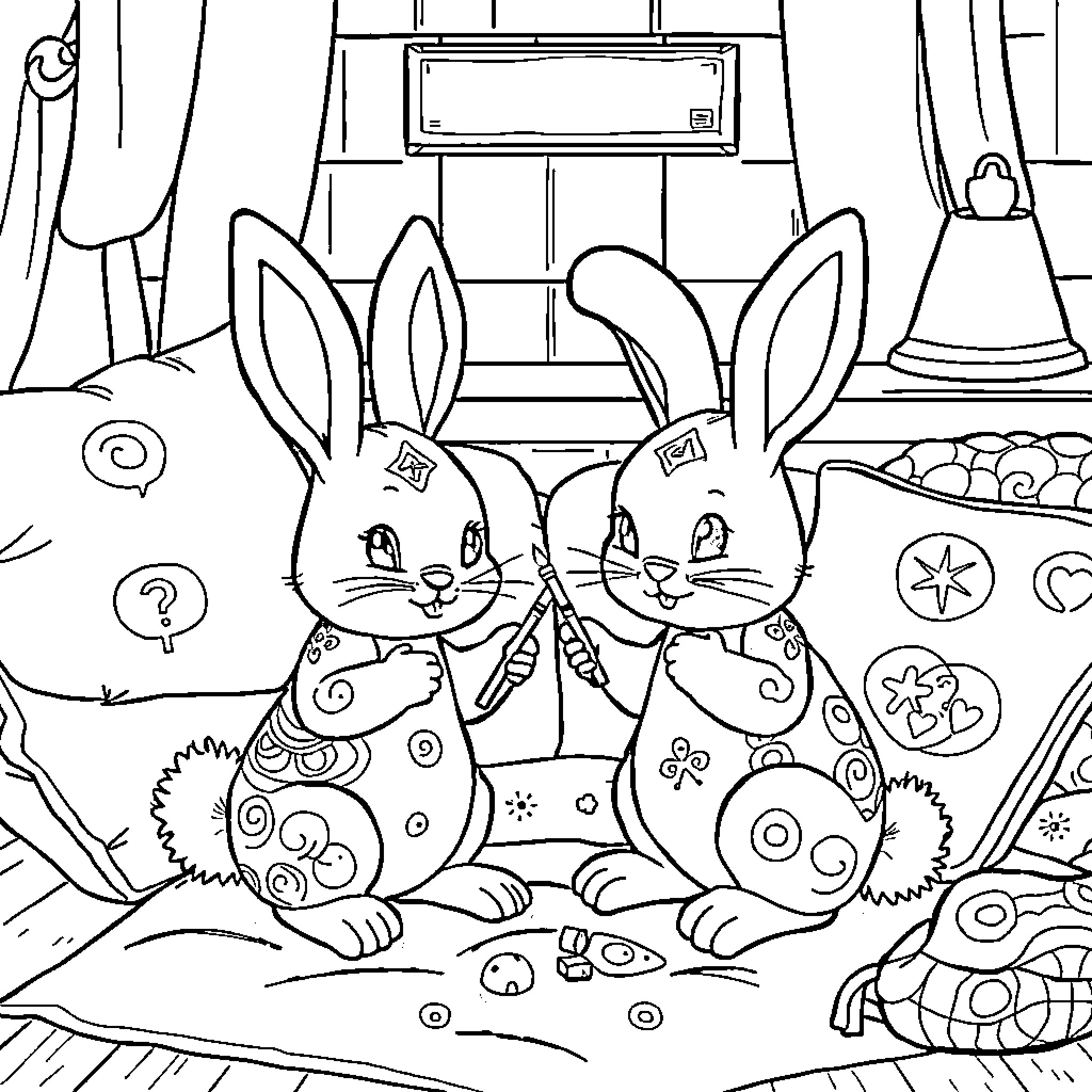 Bunny duo decorating their cozy home Coloring Page (free black-and-white line drawing printable PDF for all, from beginners to advanced learners, including children, teens, adults, and seniors)