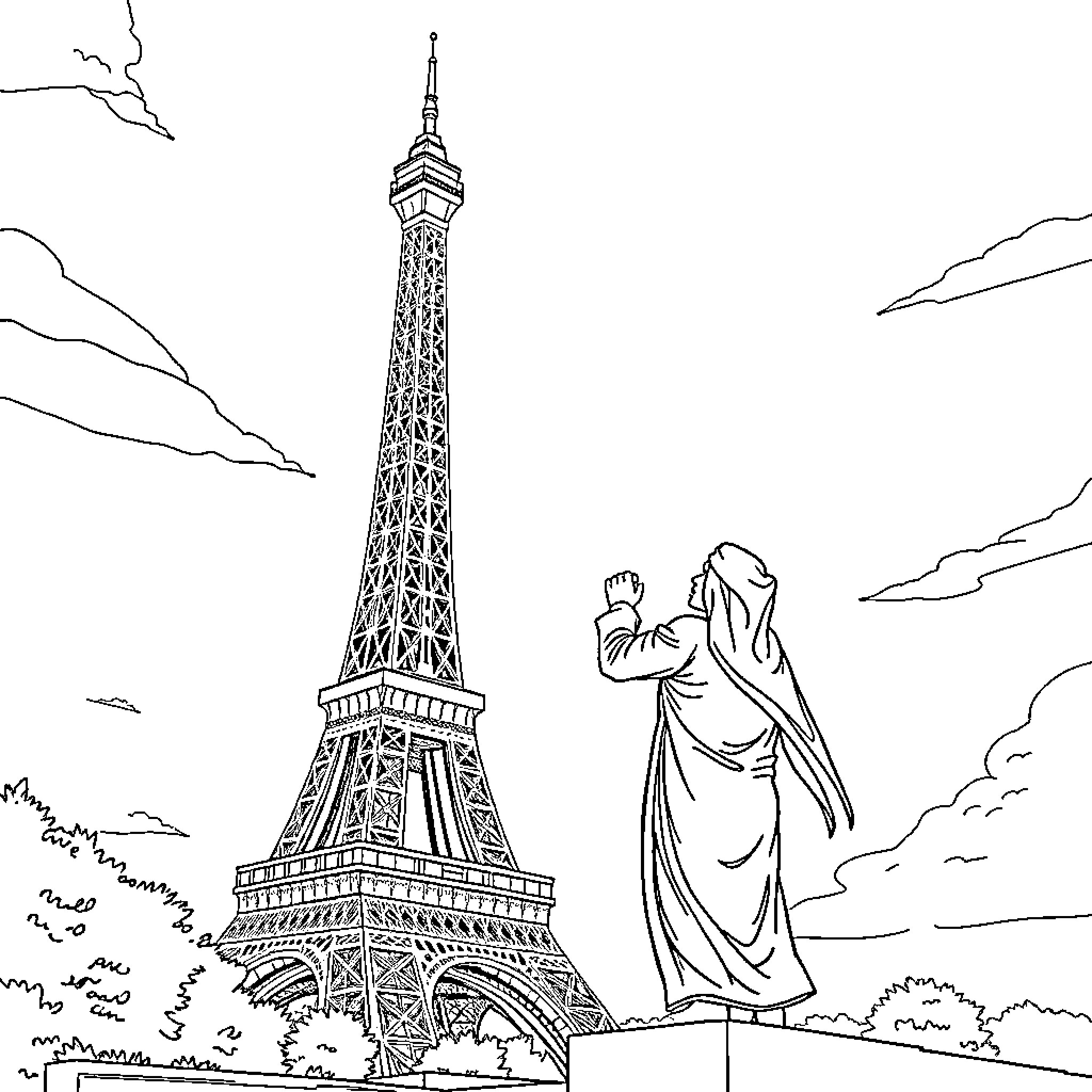 Eiffel Tower with figure in foreground Coloring Page (free black-and-white line drawing printable PDF for all, from beginners to advanced learners, including children, teens, adults, and seniors)