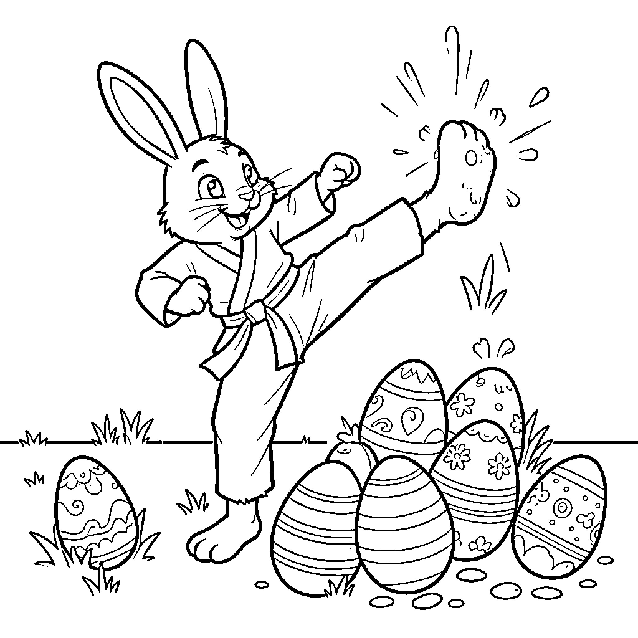 Bunny kicking decorated Easter eggs excitedly Coloring Page (free black-and-white line drawing printable PDF for all, from beginners to advanced learners, including children, teens, adults, and seniors)