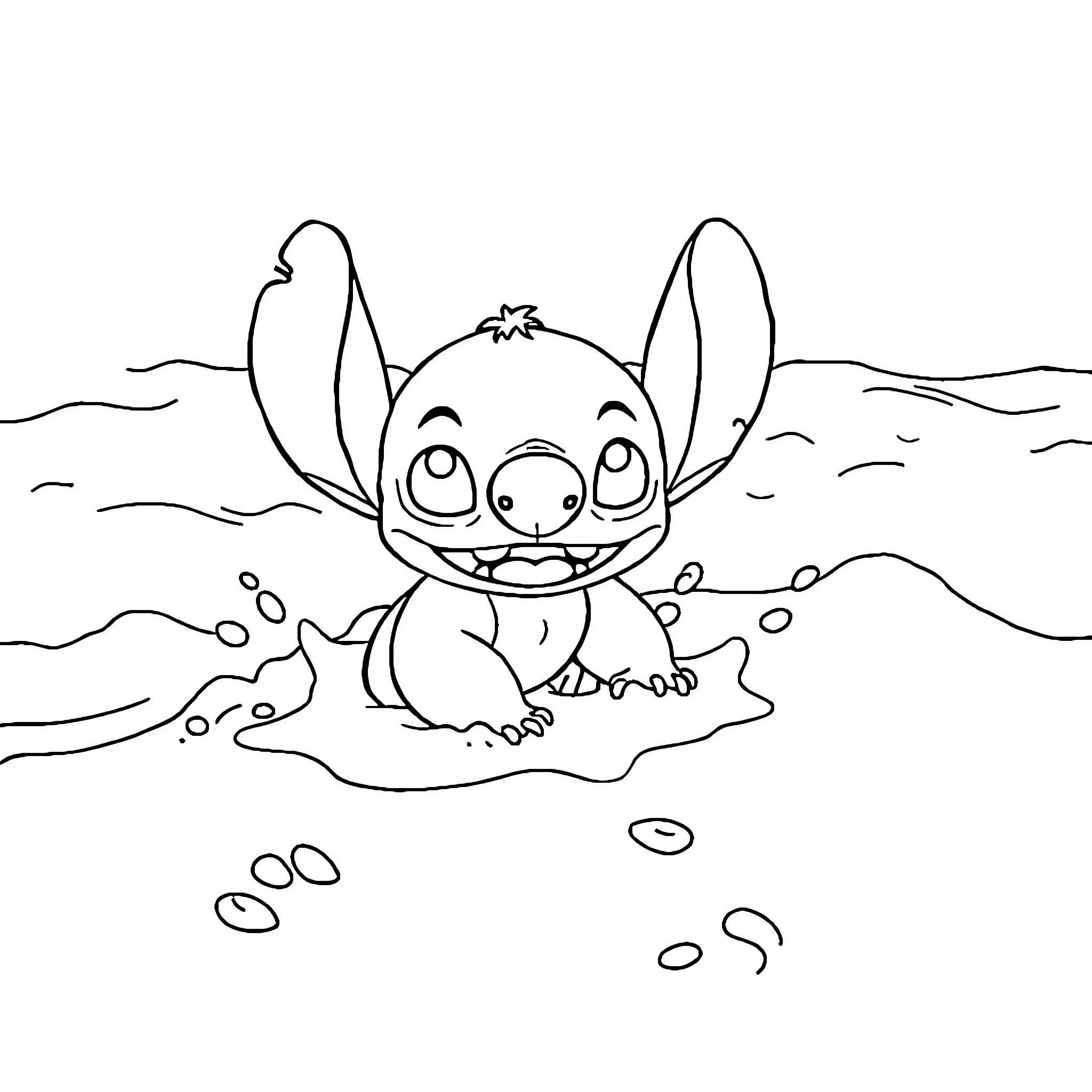 Stitch playing happily in the shallow water Coloring Page (free black-and-white line drawing printable PDF for all, from beginners to advanced learners, including children, teens, adults, and seniors)