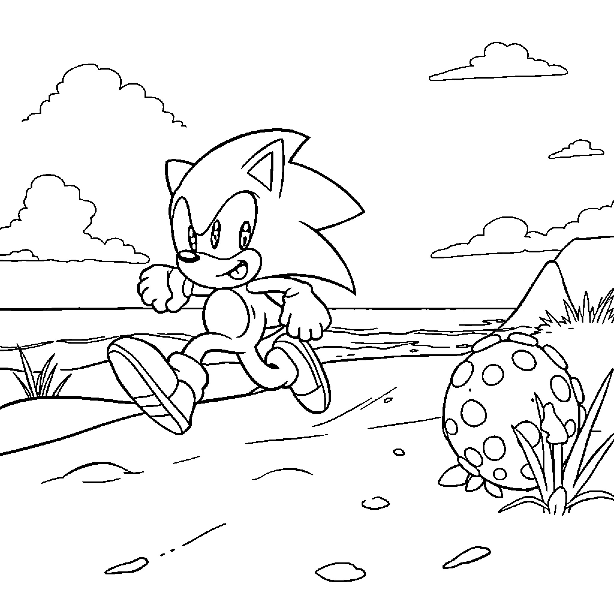 Sonic happily exploring natural scenery Coloring Page (free black-and-white line drawing printable PDF for all, from beginners to advanced learners, including children, teens, adults, and seniors)