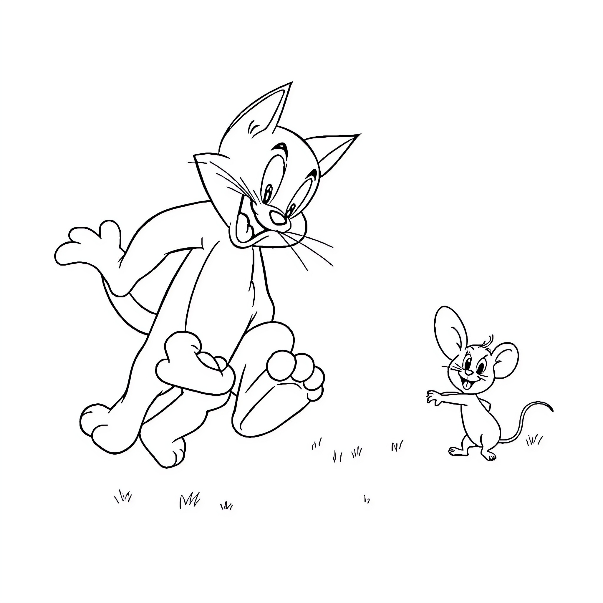 Tom and Jerry chasing and playing in the park Coloring Page (free black-and-white line drawing printable PDF for all, from beginners to advanced learners, including children, teens, adults, and seniors)