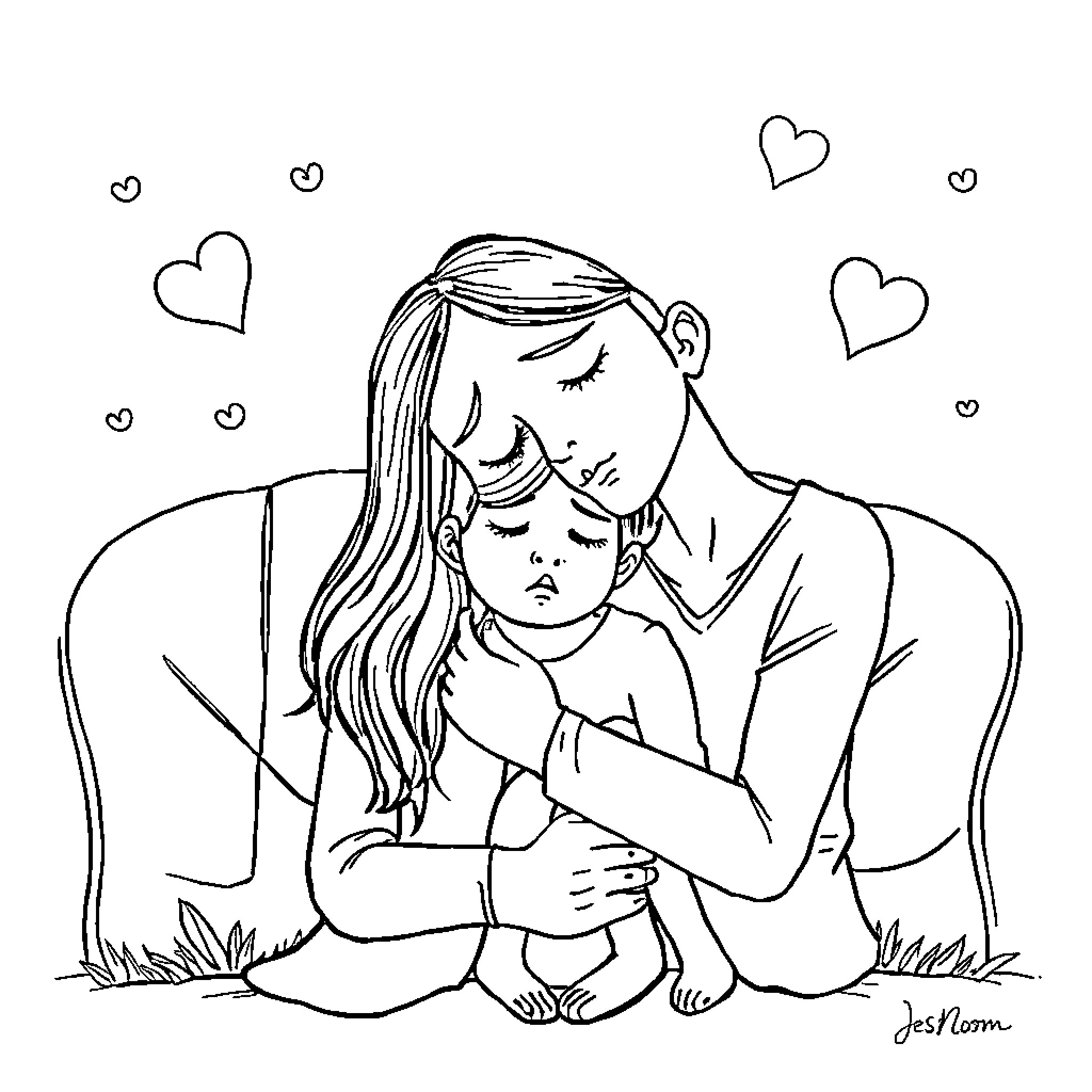 Mom comforting child with love and care Coloring Page (free black-and-white line drawing printable PDF for all, from beginners to advanced learners, including children, teens, adults, and seniors)