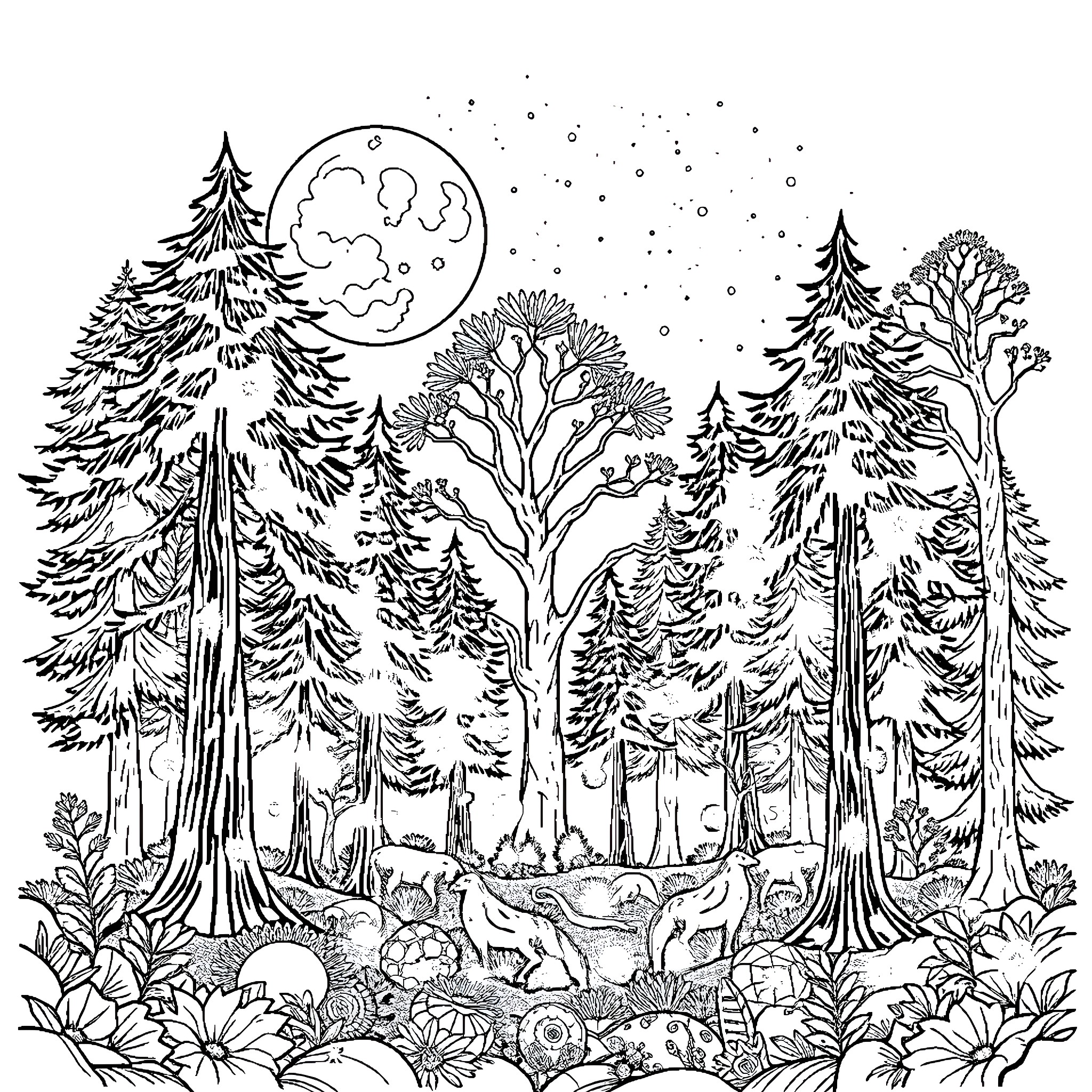 Moon Shining Over Serene Forest Landscape Coloring Page (free black-and-white line drawing printable PDF for all, from beginners to advanced learners, including children, teens, adults, and seniors)