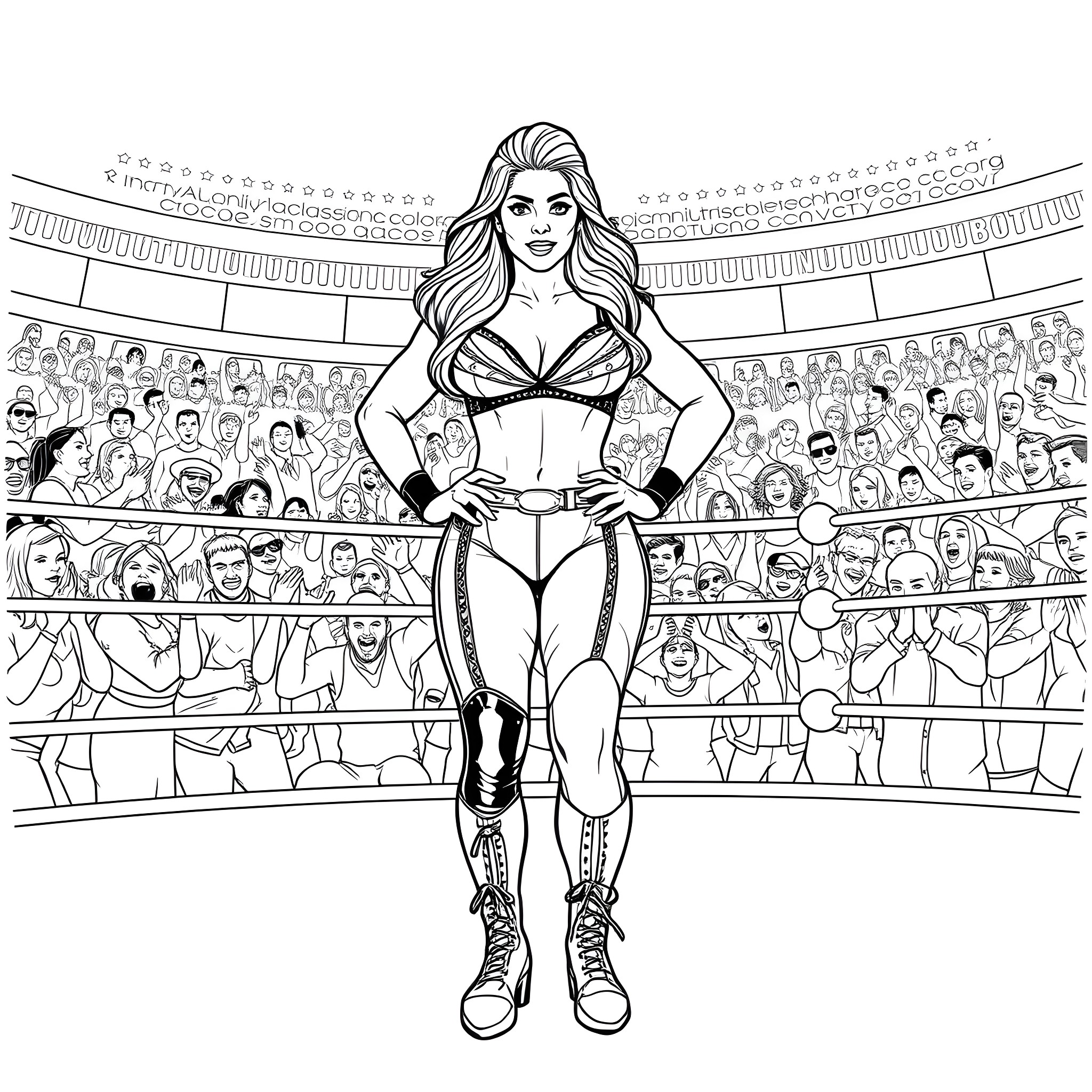 Alexa Bliss Stands Confidently in the Wrestling Ring Coloring Page (free black-and-white line drawing printable PDF for all, from beginners to advanced learners, including children, teens, adults, and seniors)