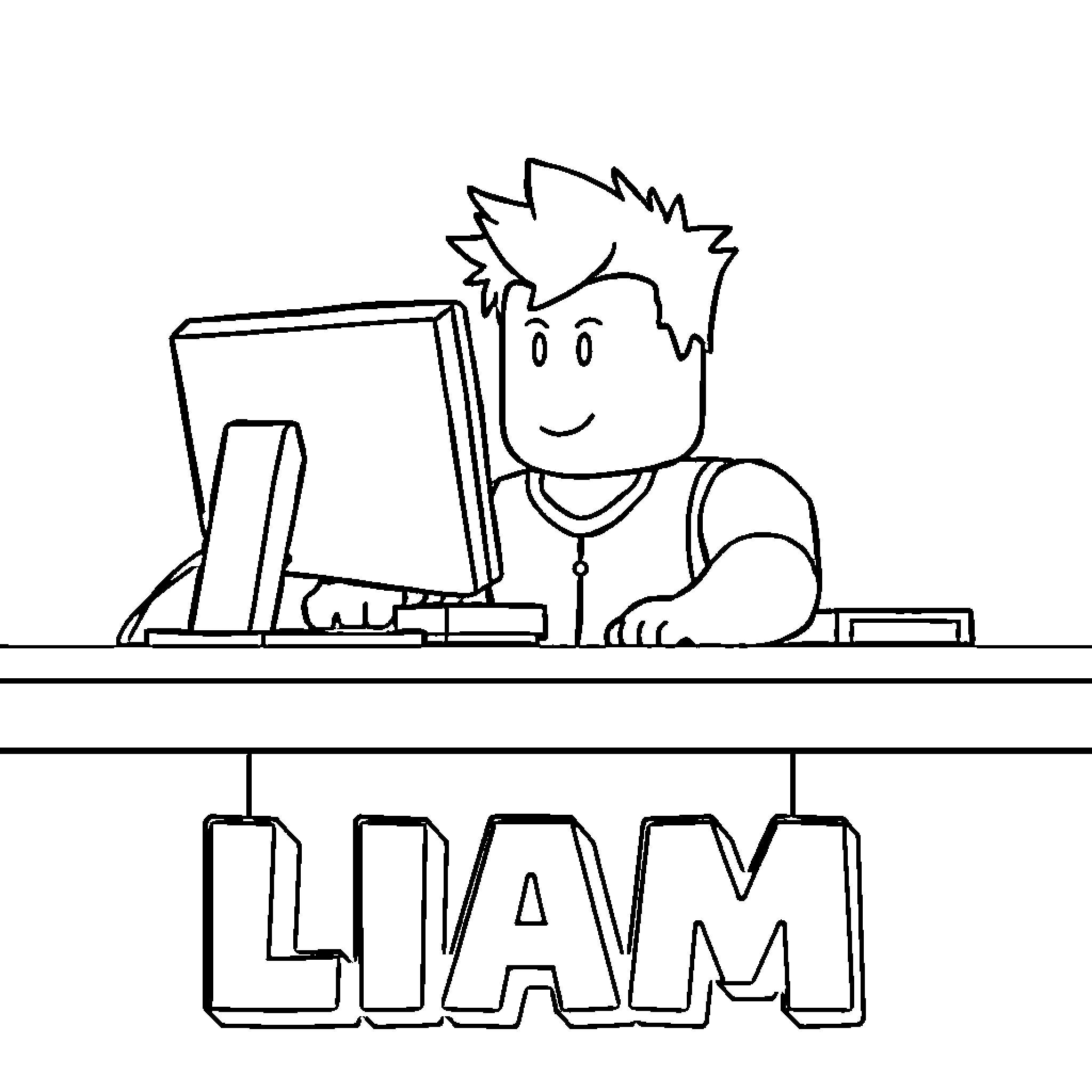 Roblox Player working diligently at computer Coloring Page (free black-and-white line drawing printable PDF for all, from beginners to advanced learners, including children, teens, adults, and seniors)
