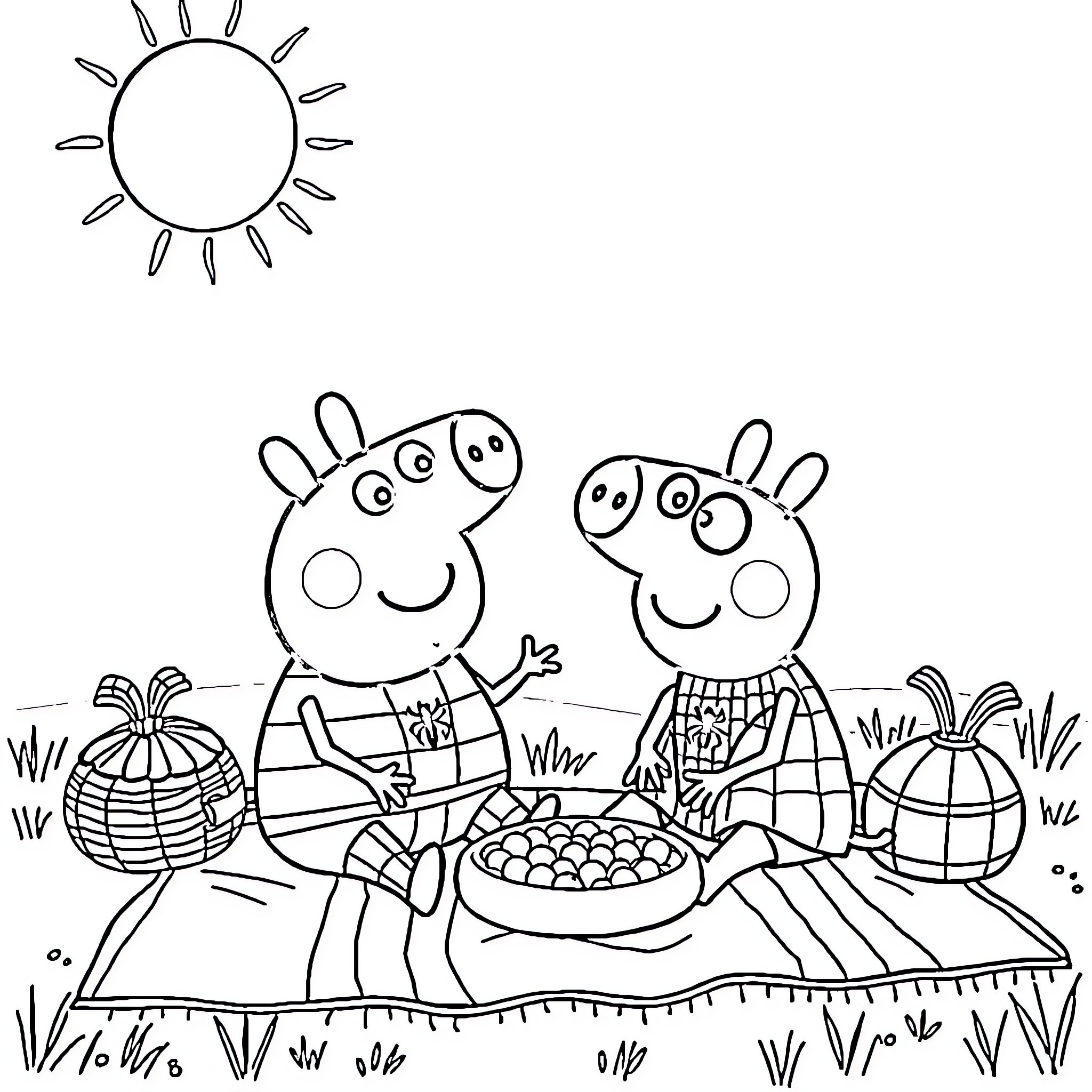Peppa Pig and friends enjoying a picnic outdoors Coloring Page (free black-and-white line drawing printable PDF for all, from beginners to advanced learners, including children, teens, adults, and seniors)