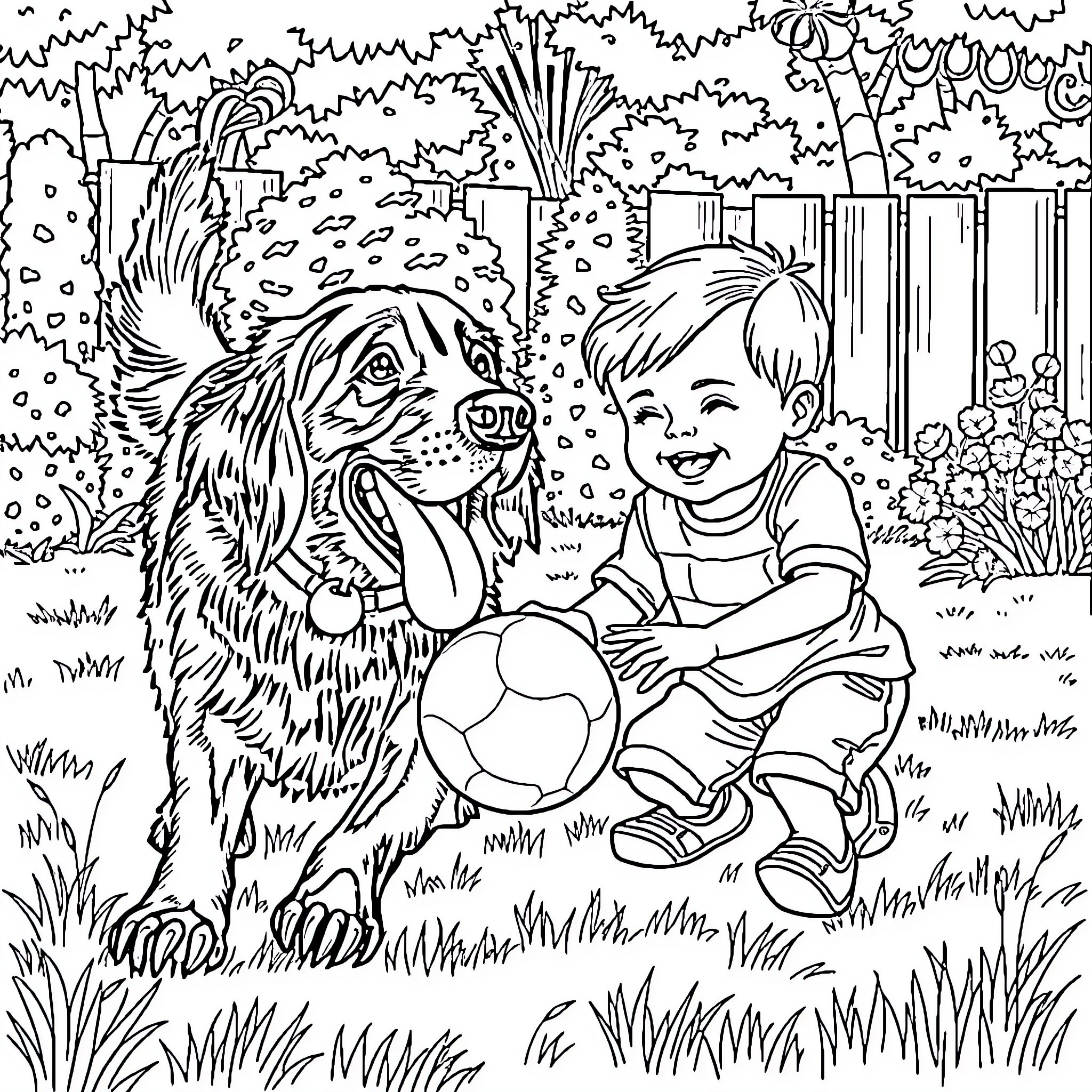 Flatcoated Retriever playing with a child in the garden Coloring Page (free black-and-white line drawing printable PDF for all, from beginners to advanced learners, including children, teens, adults, and seniors)