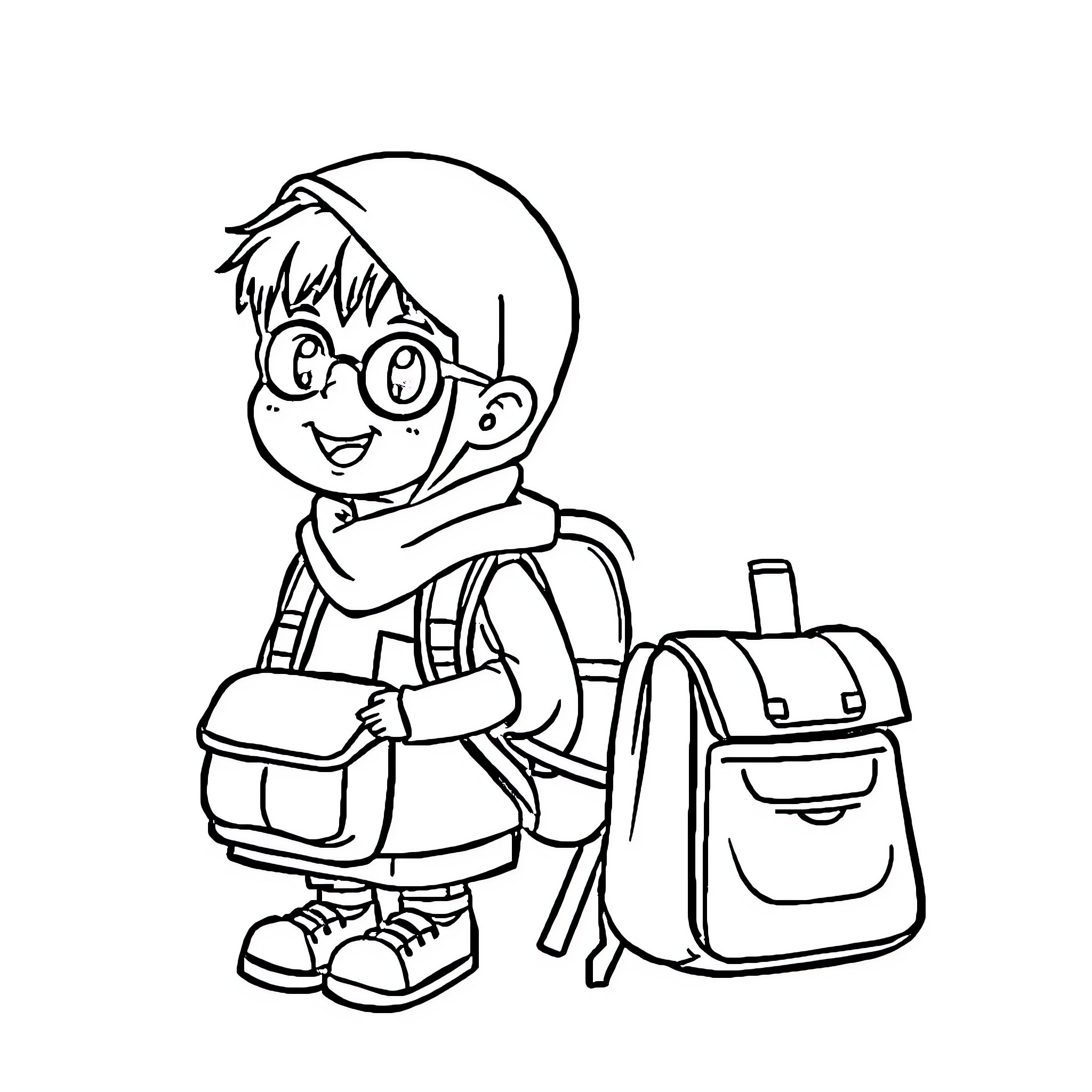 School Child Happily Walking with Backpack Coloring Page (free black-and-white line drawing printable PDF for all, from beginners to advanced learners, including children, teens, adults, and seniors)