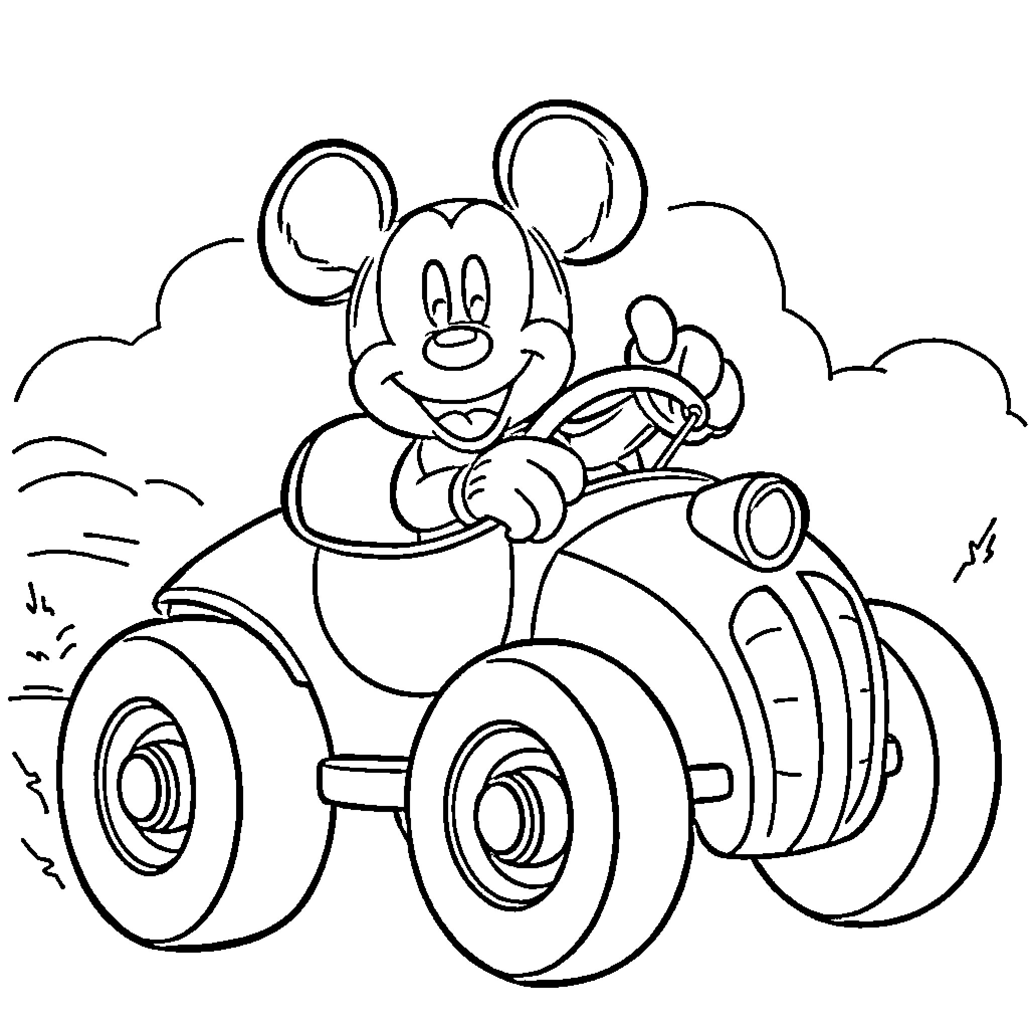 Mickey Mouse riding a four-wheeled vehicle Coloring Page (free black-and-white line drawing printable PDF for all, from beginners to advanced learners, including children, teens, adults, and seniors)