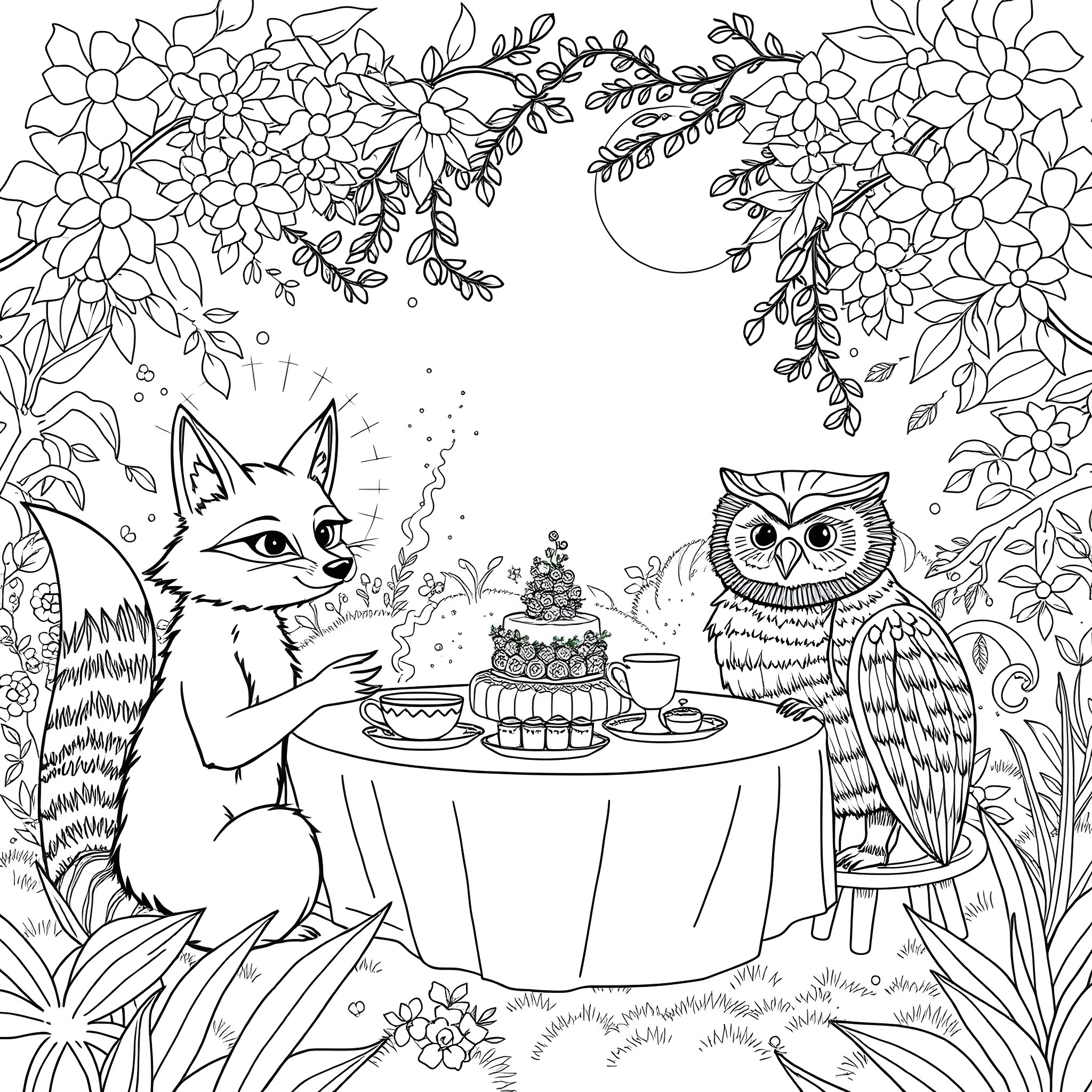 Animal Friends Celebrate with Tea Party Coloring Page (free black-and-white line drawing printable PDF for all, from beginners to advanced learners, including children, teens, adults, and seniors)