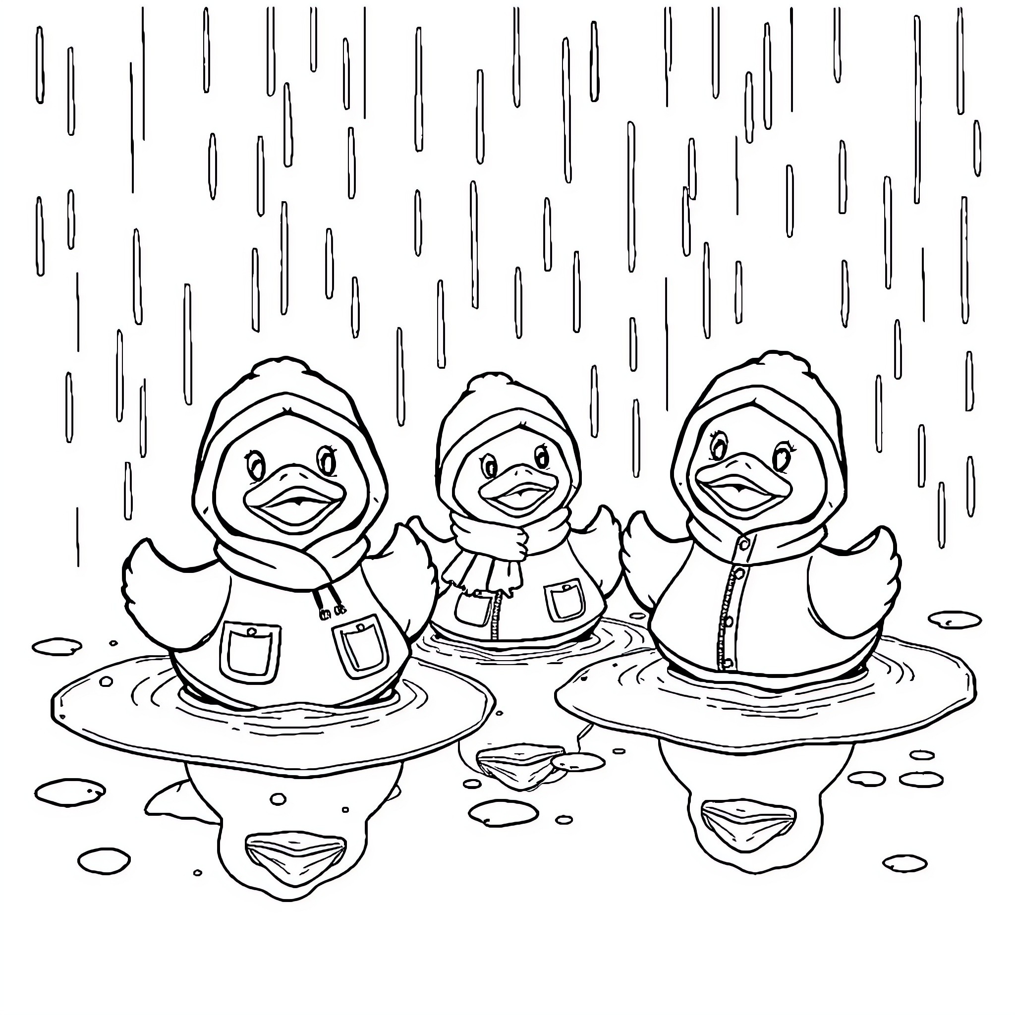 Rubber Duck friends playing in the rain Coloring Page (free black-and-white line drawing printable PDF for all, from beginners to advanced learners, including children, teens, adults, and seniors)