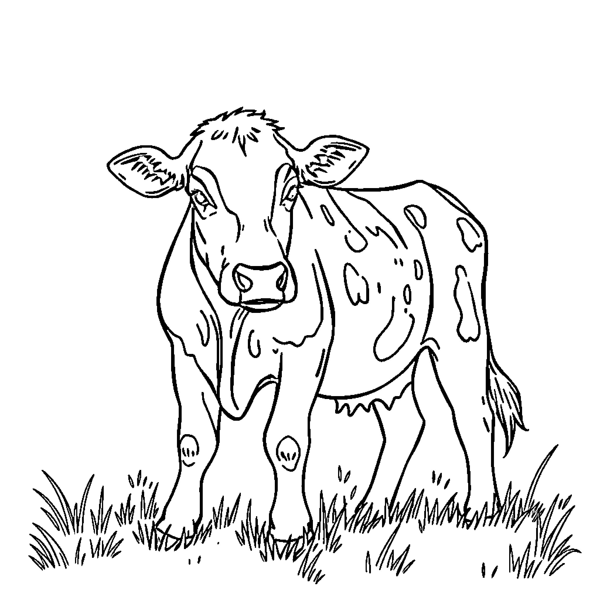 Cow standing in grassy field Coloring Page (free black-and-white line drawing printable PDF for all, from beginners to advanced learners, including children, teens, adults, and seniors)
