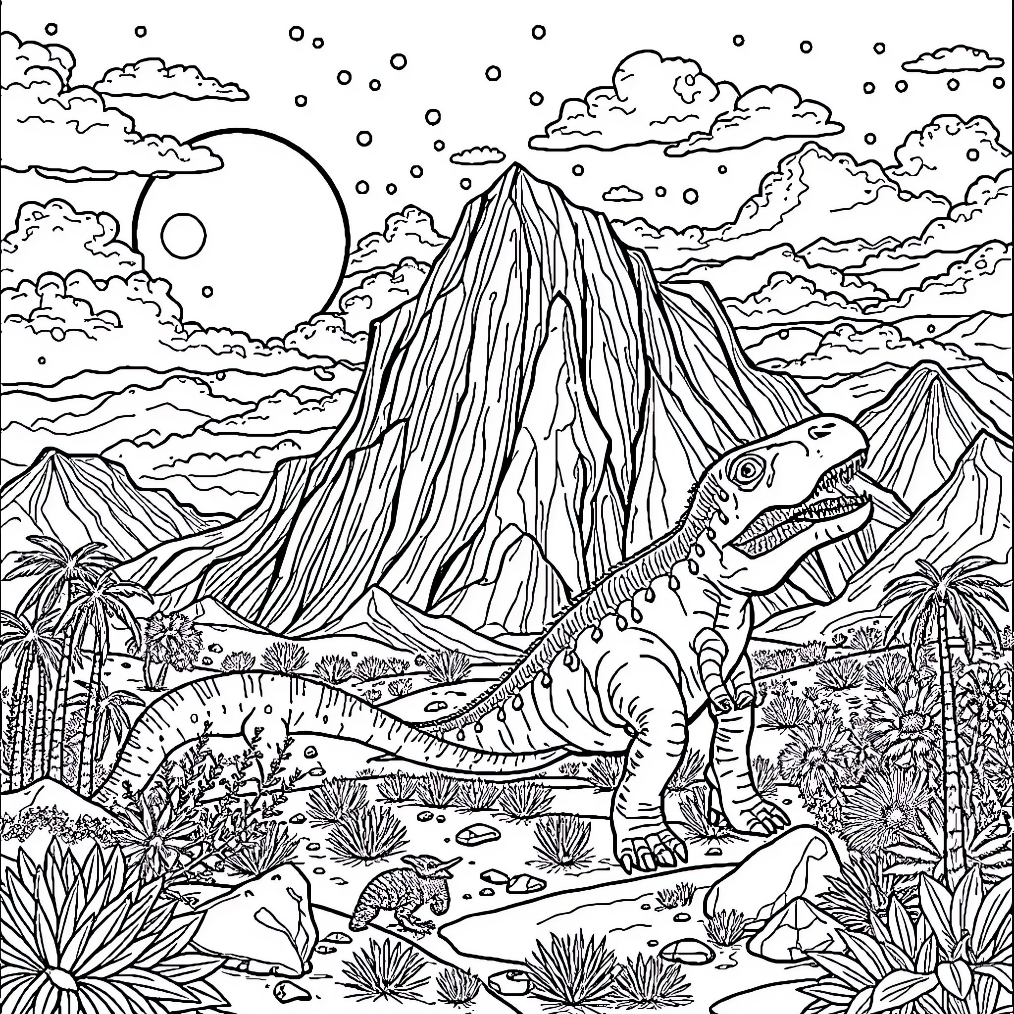 Era of Prehistoric Wonders and Landscapes Coloring Page (free black-and-white line drawing printable PDF for all, from beginners to advanced learners, including children, teens, adults, and seniors)