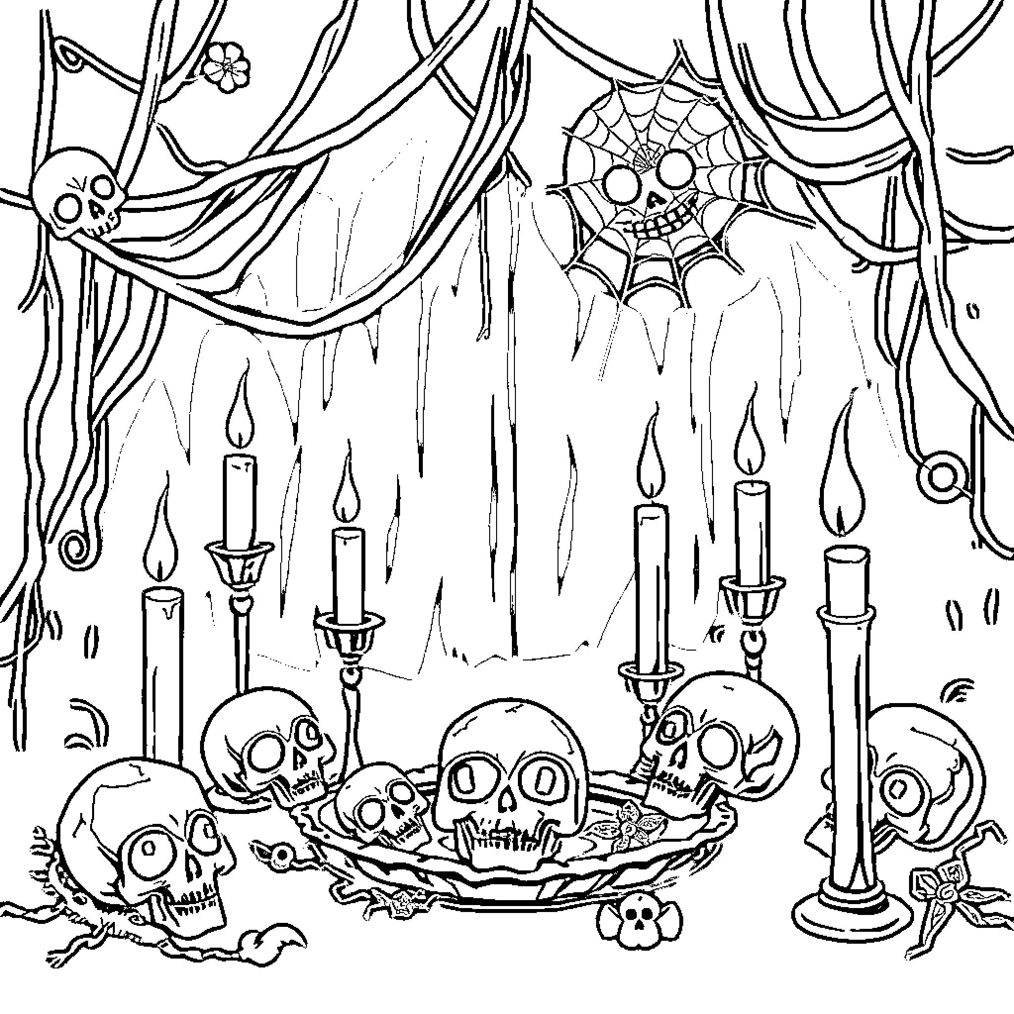Witch's Spooky Halloween Gathering Coloring Page (free black-and-white line drawing printable PDF for all, from beginners to advanced learners, including children, teens, adults, and seniors)