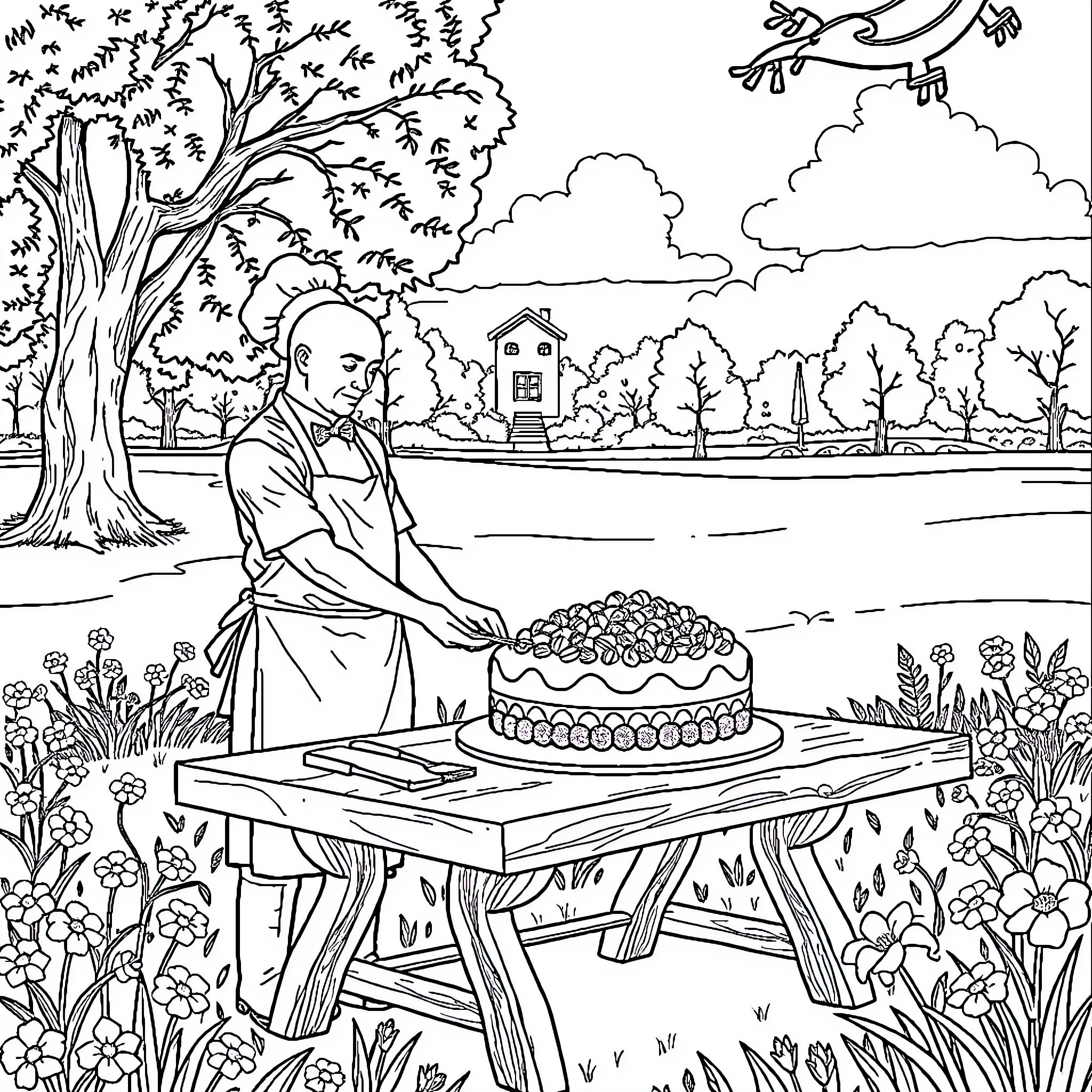 Chef decorating cake outdoors in lush garden Coloring Page (free black-and-white line drawing printable PDF for all, from beginners to advanced learners, including children, teens, adults, and seniors)