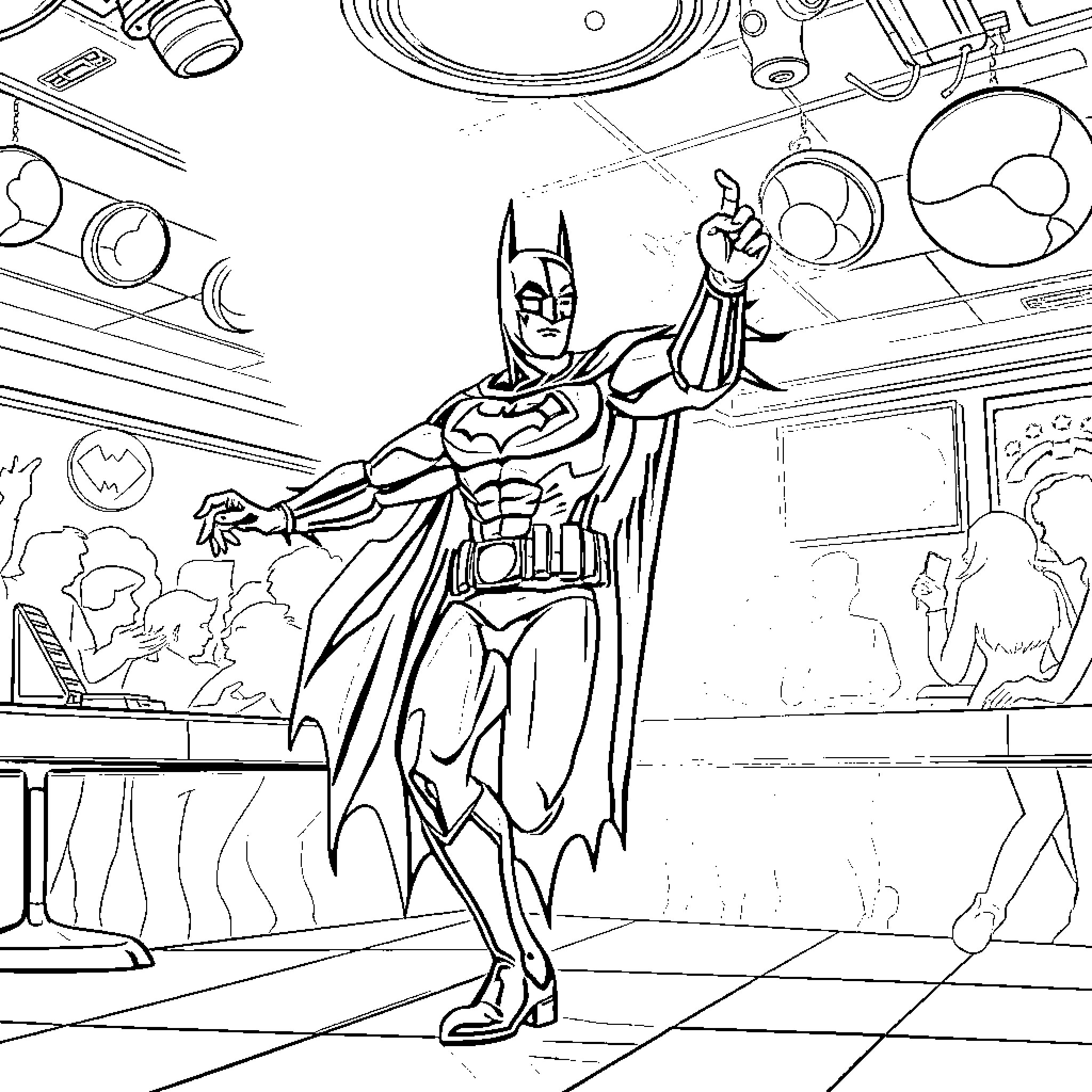 Batman in action poses within a laboratory setting Coloring Page (free black-and-white line drawing printable PDF for all, from beginners to advanced learners, including children, teens, adults, and seniors)