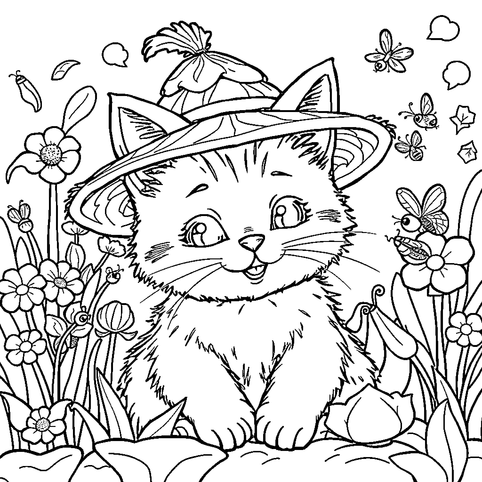 Cat in nature with flowers and butterflies Coloring Page (free black-and-white line drawing printable PDF for all, from beginners to advanced learners, including children, teens, adults, and seniors)