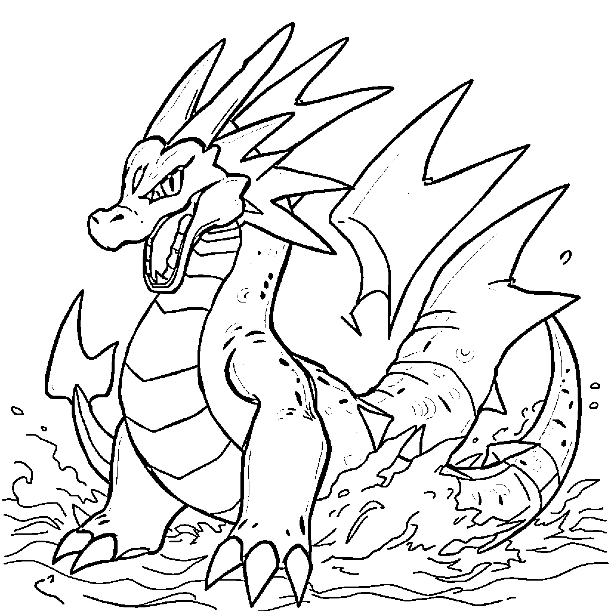 Gyarados unleashing its power in the water Coloring Page (free black-and-white line drawing printable PDF for all, from beginners to advanced learners, including children, teens, adults, and seniors)