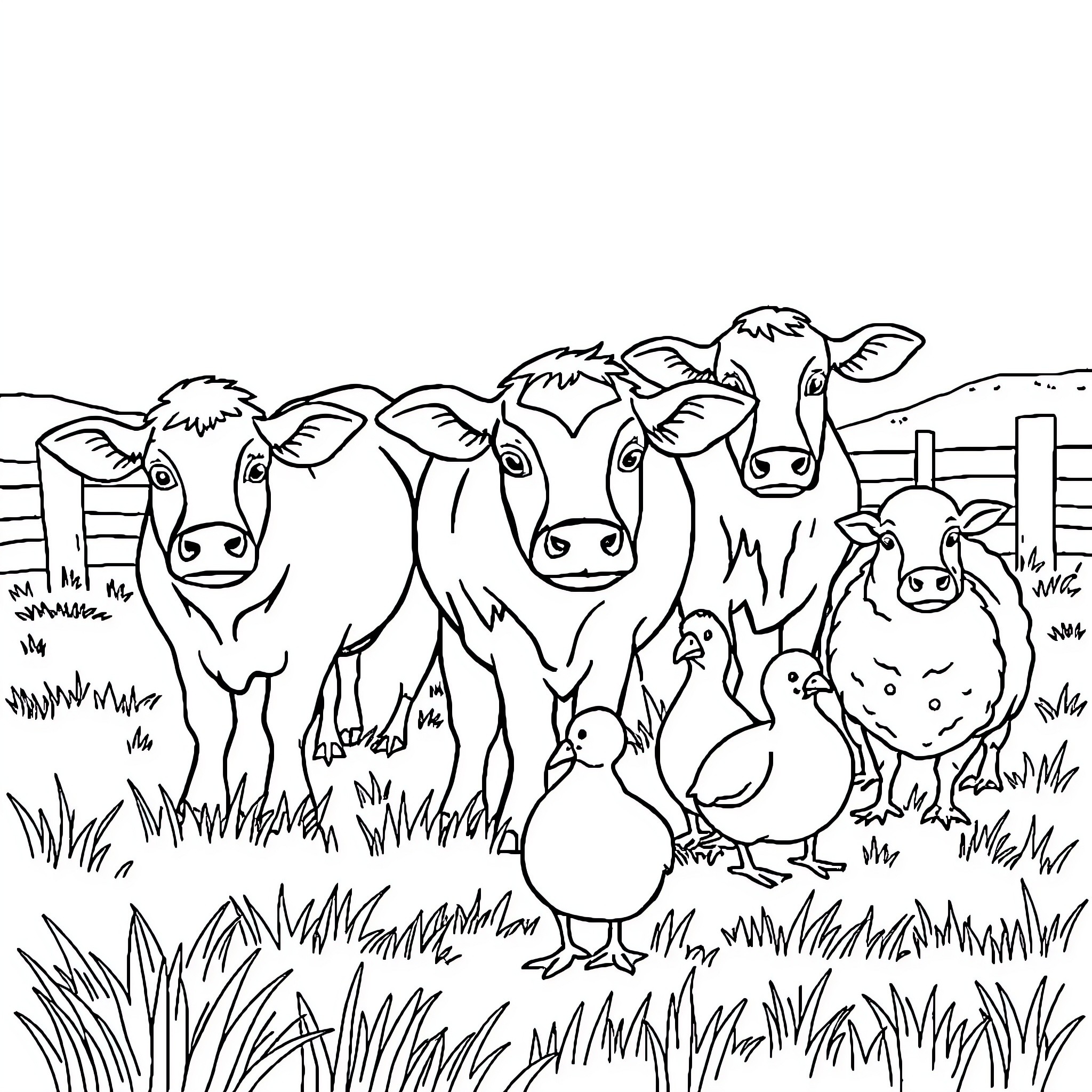 Farm Animals Enjoying the Outdoors Coloring Page (free black-and-white line drawing printable PDF for all, from beginners to advanced learners, including children, teens, adults, and seniors)