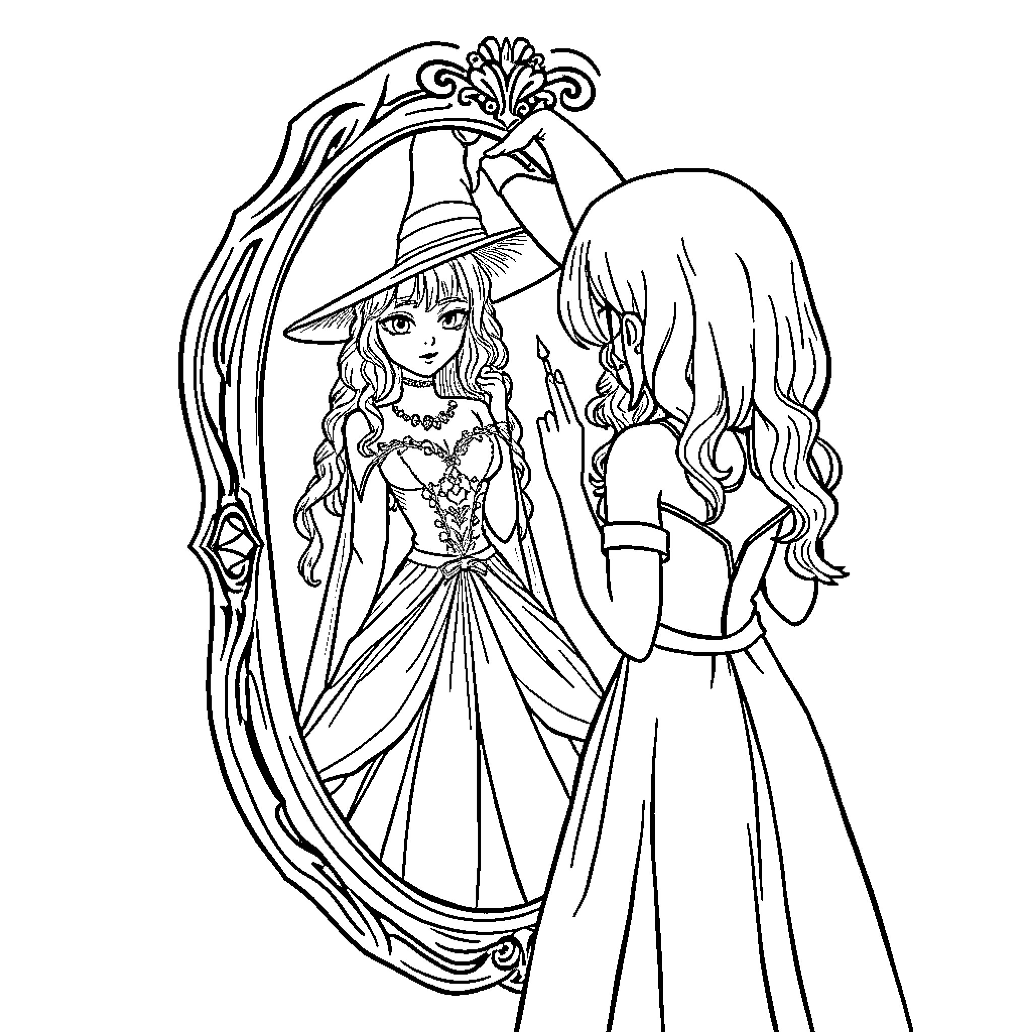 Dark Magician Girl admiring herself in the mirror Coloring Page (free black-and-white line drawing printable PDF for all, from beginners to advanced learners, including children, teens, adults, and seniors)