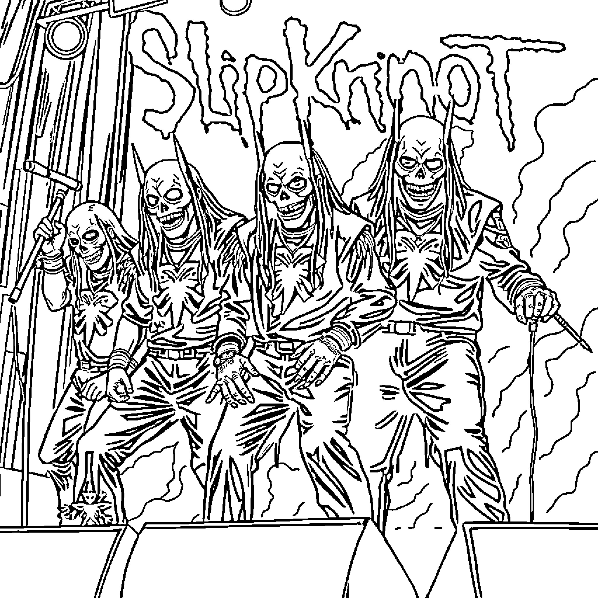Slipknot: Haunting Figures in Ominous Attire Coloring Page (free black-and-white line drawing printable PDF for all, from beginners to advanced learners, including children, teens, adults, and seniors)