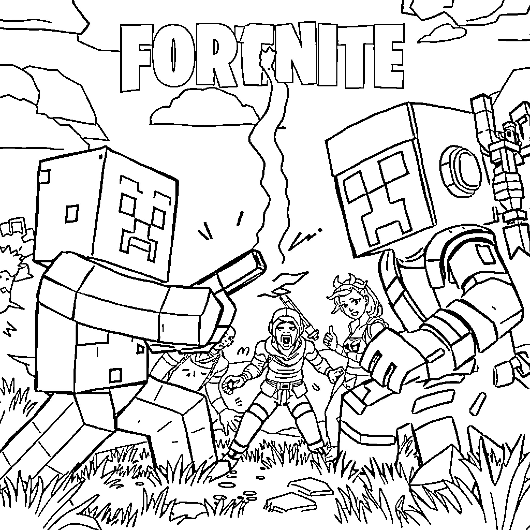 Minecraft Characters in Adventurous Outdoor Scenario Coloring Page (free black-and-white line drawing printable PDF for all, from beginners to advanced learners, including children, teens, adults, and seniors)