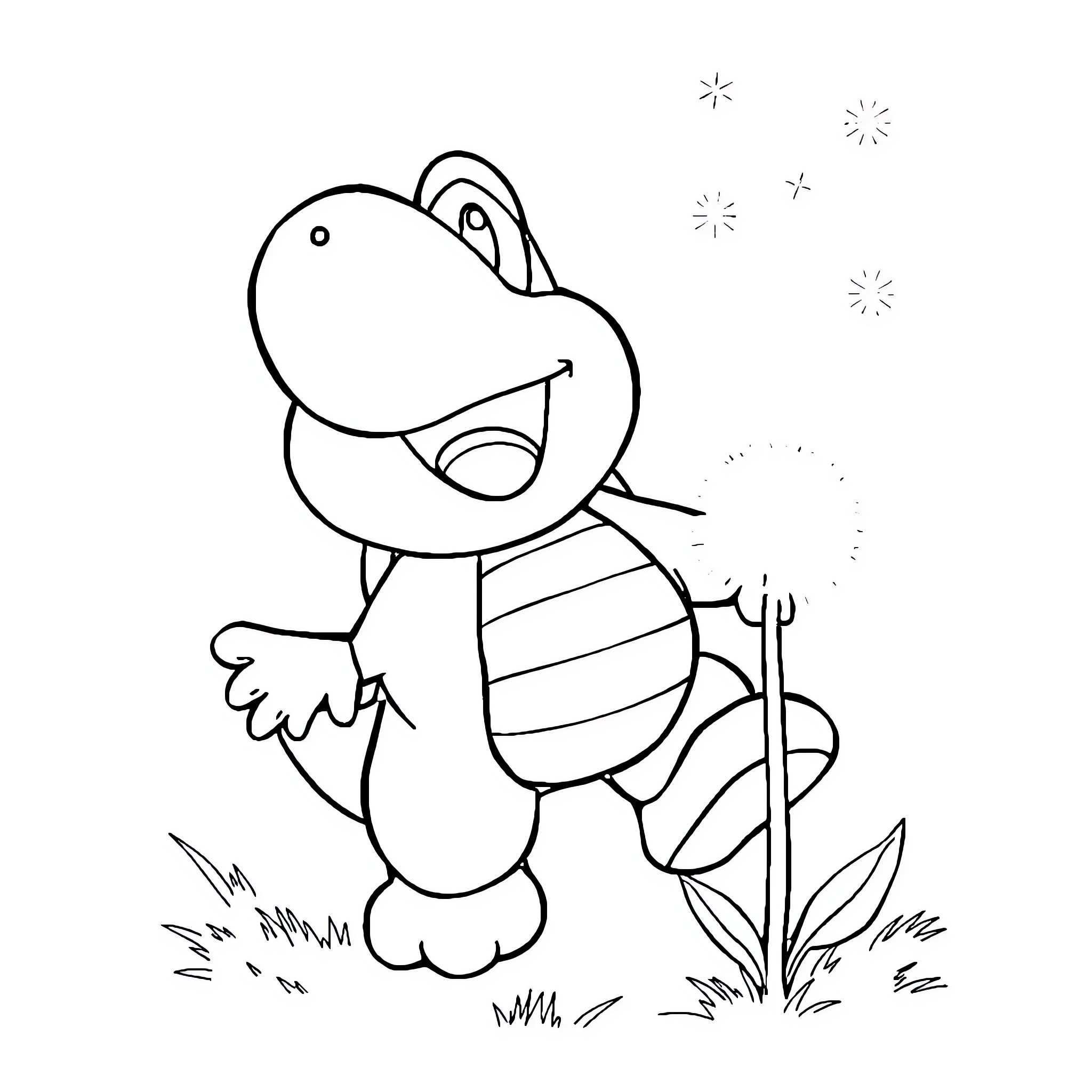 Koopa exploring the outdoors with a stick Coloring Page (free black-and-white line drawing printable PDF for all, from beginners to advanced learners, including children, teens, adults, and seniors)