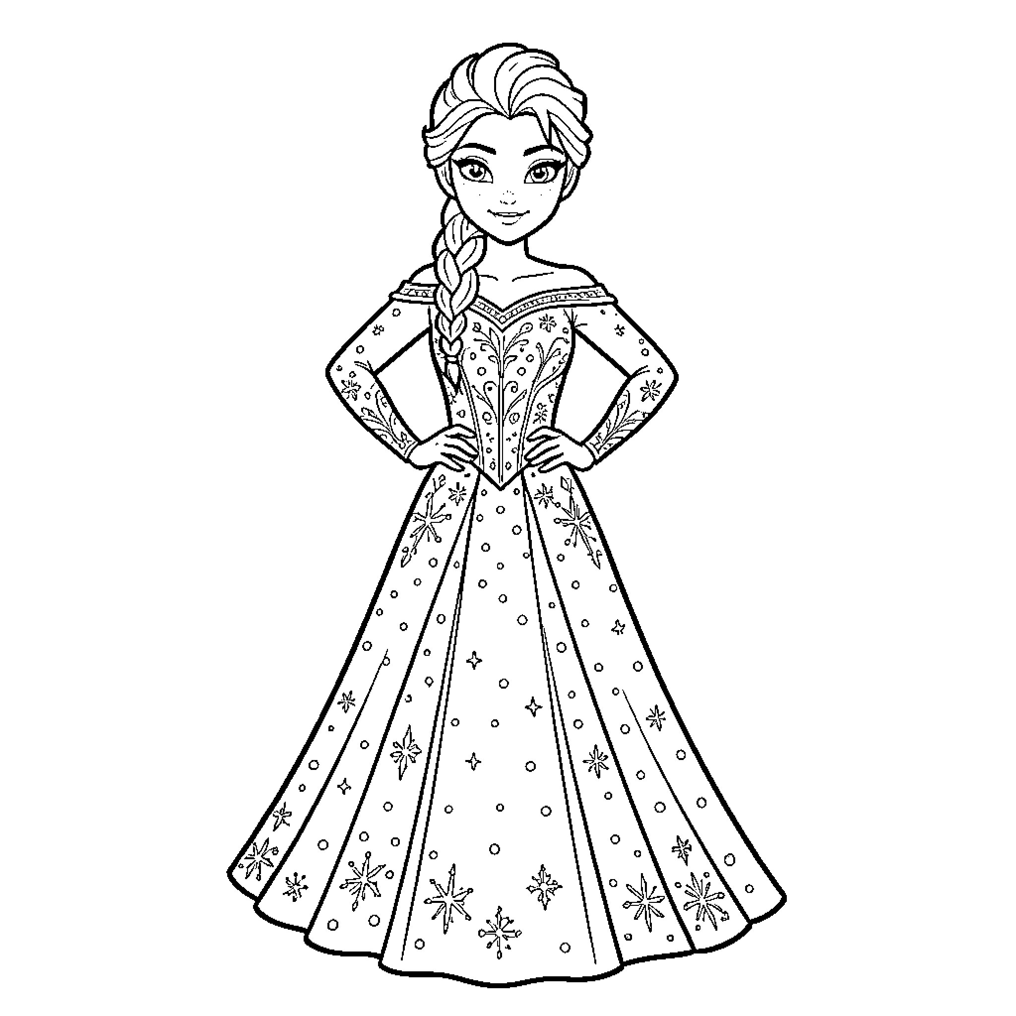 Elsa standing confidently in an elegant gown Coloring Page (free black-and-white line drawing printable PDF for all, from beginners to advanced learners, including children, teens, adults, and seniors)