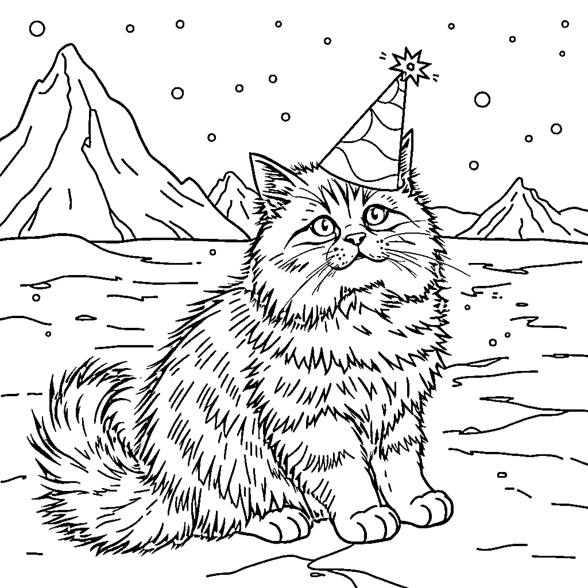 Cat in winter hat celebrating in snowy landscape Coloring Page (free black-and-white line drawing printable PDF for all, from beginners to advanced learners, including children, teens, adults, and seniors)